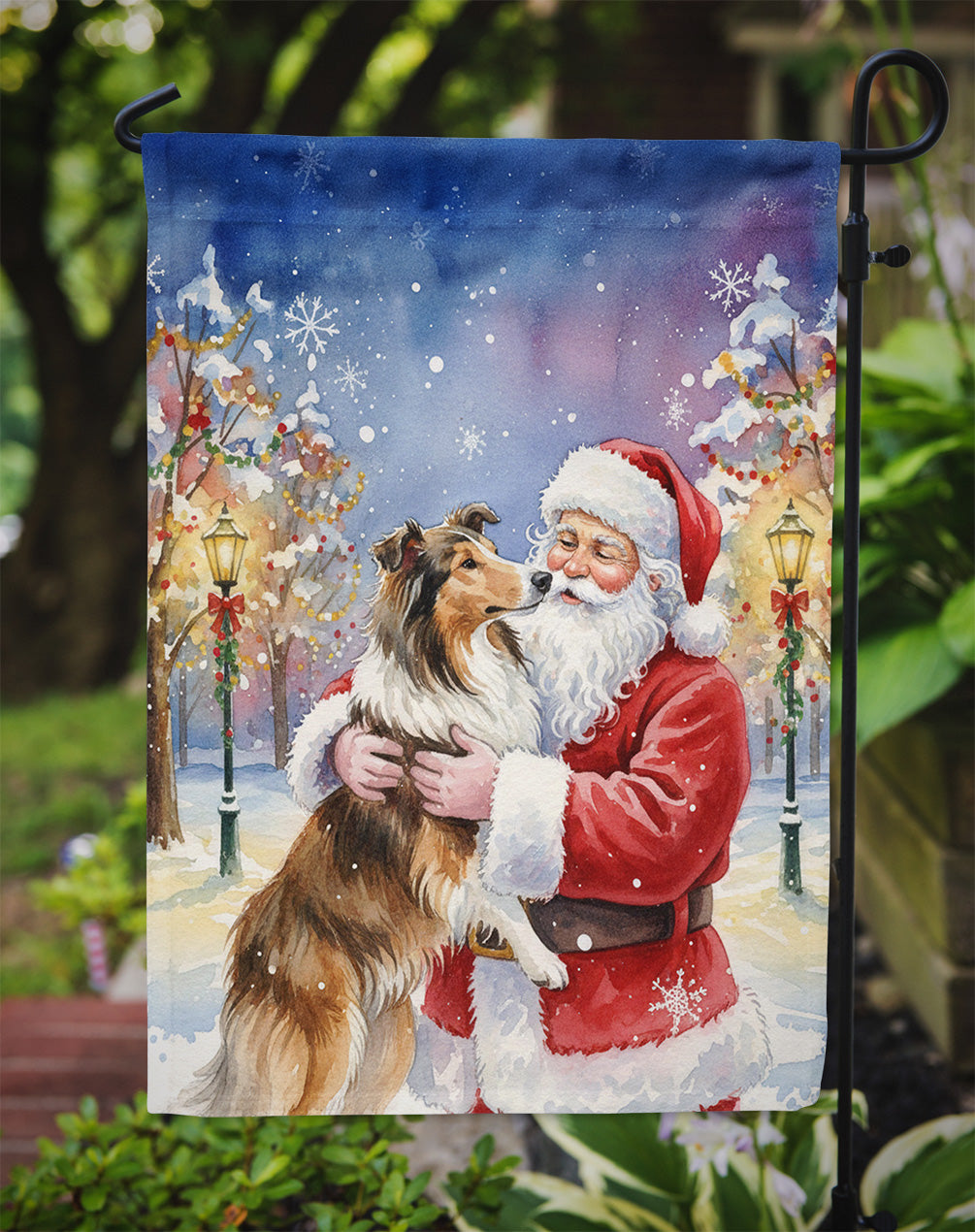Collie with Santa Claus Garden Flag