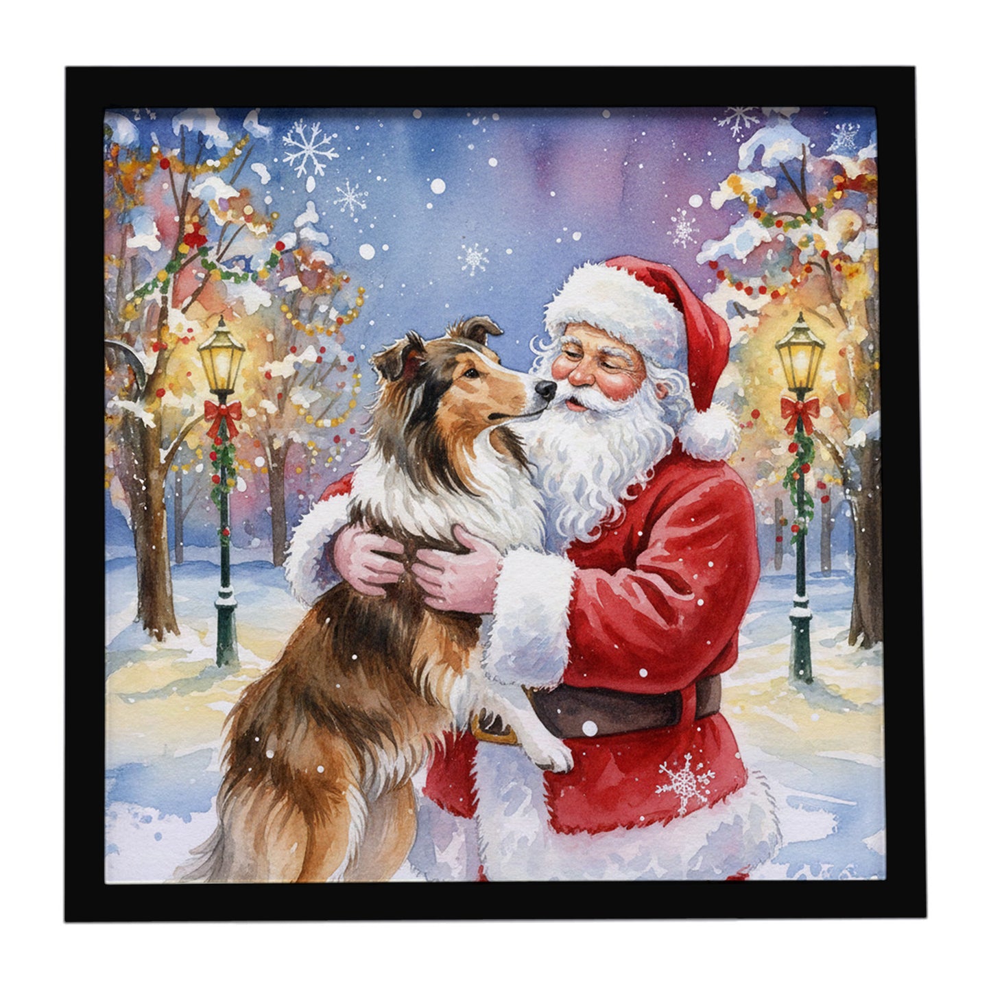 Buy this Collie with Santa Claus Framed Metal Print