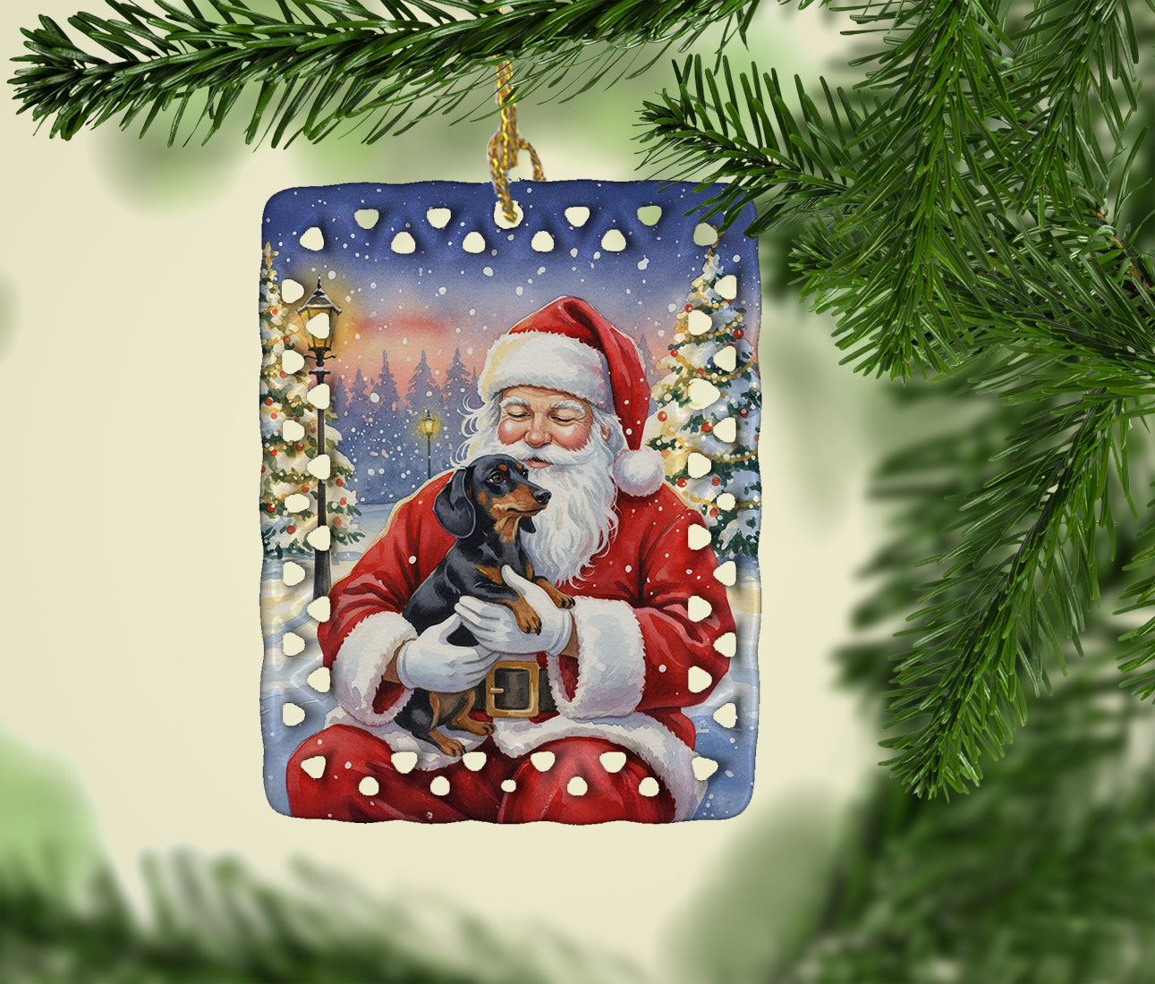 Black and Tan Dachshund with Santa Claus Porcelain Ornament