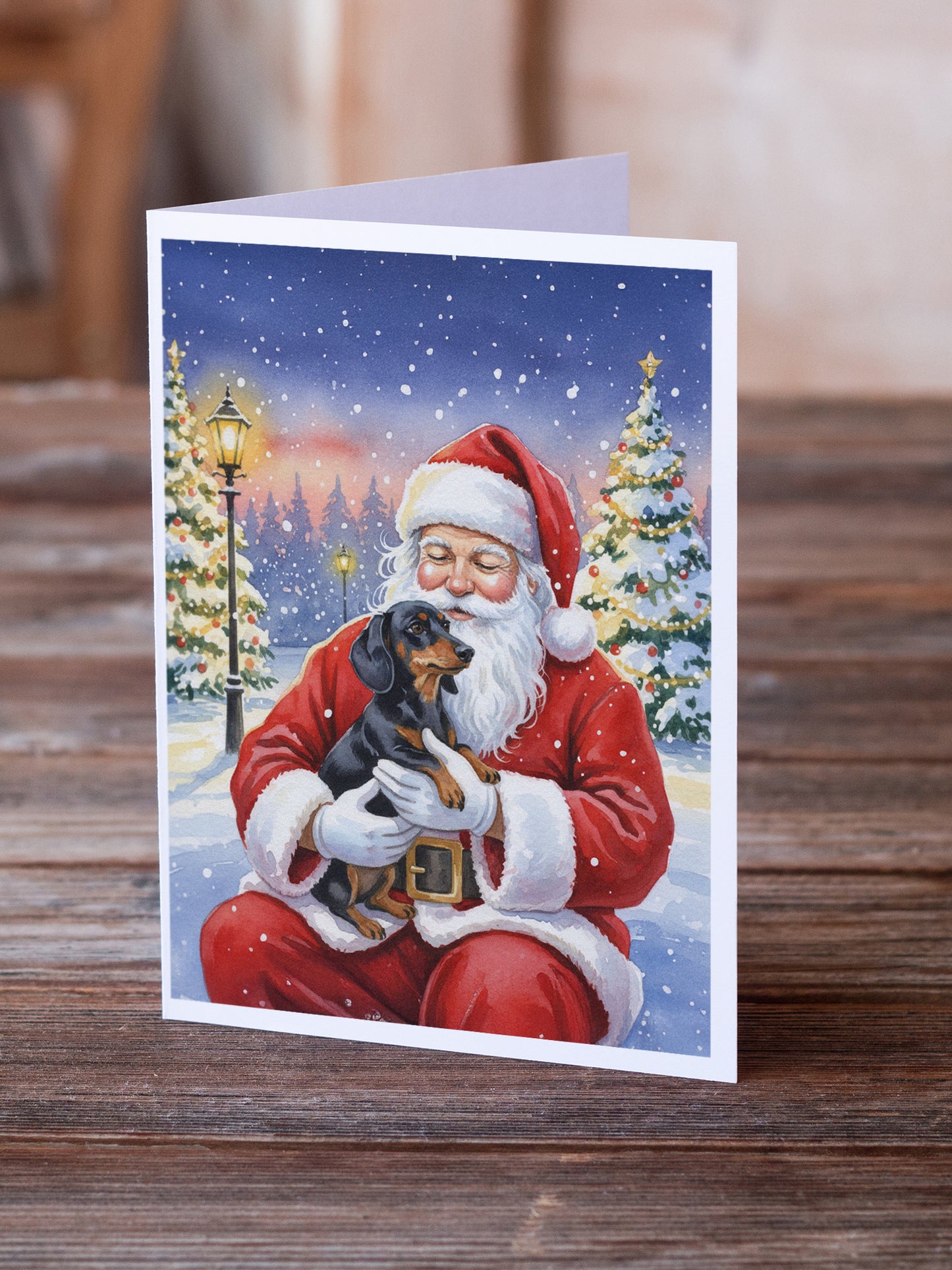 Black and Tan Dachshund with Santa Claus Greeting Cards Pack of 8
