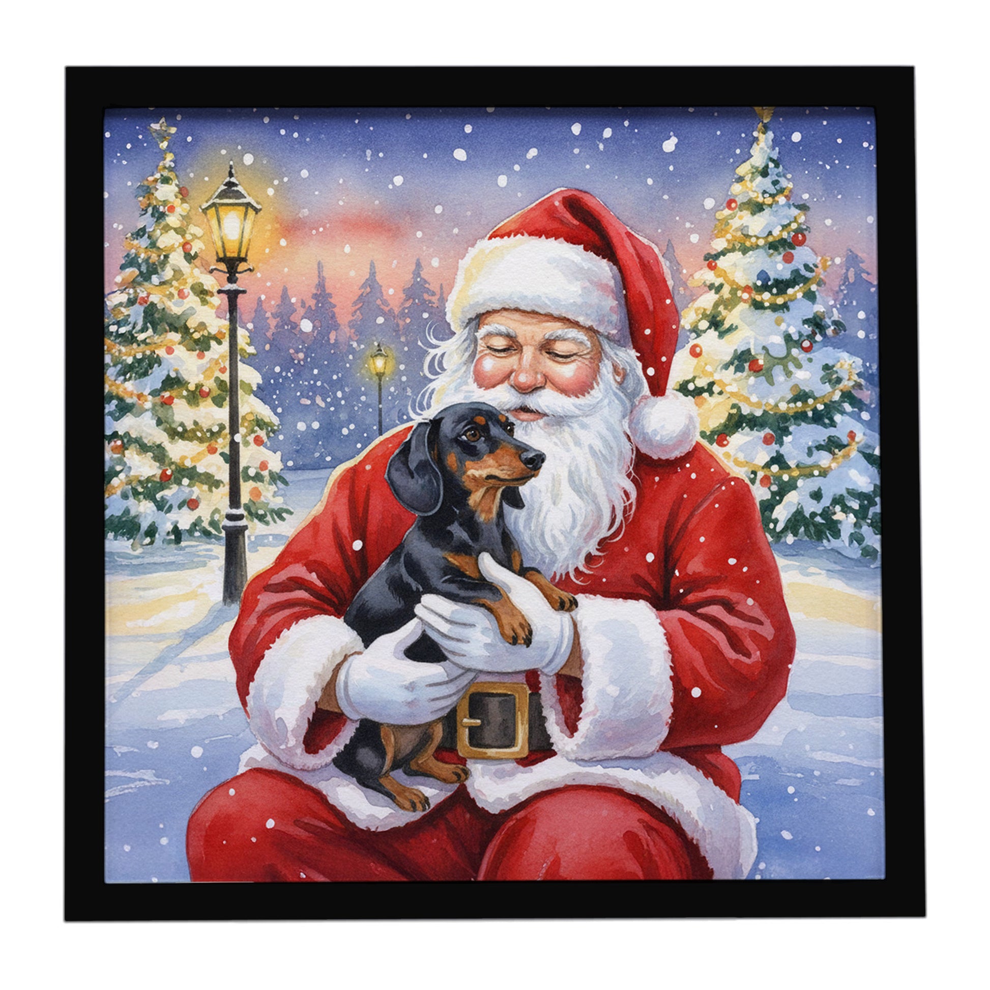 Buy this Black and Tan Dachshund with Santa Claus Framed Metal Print