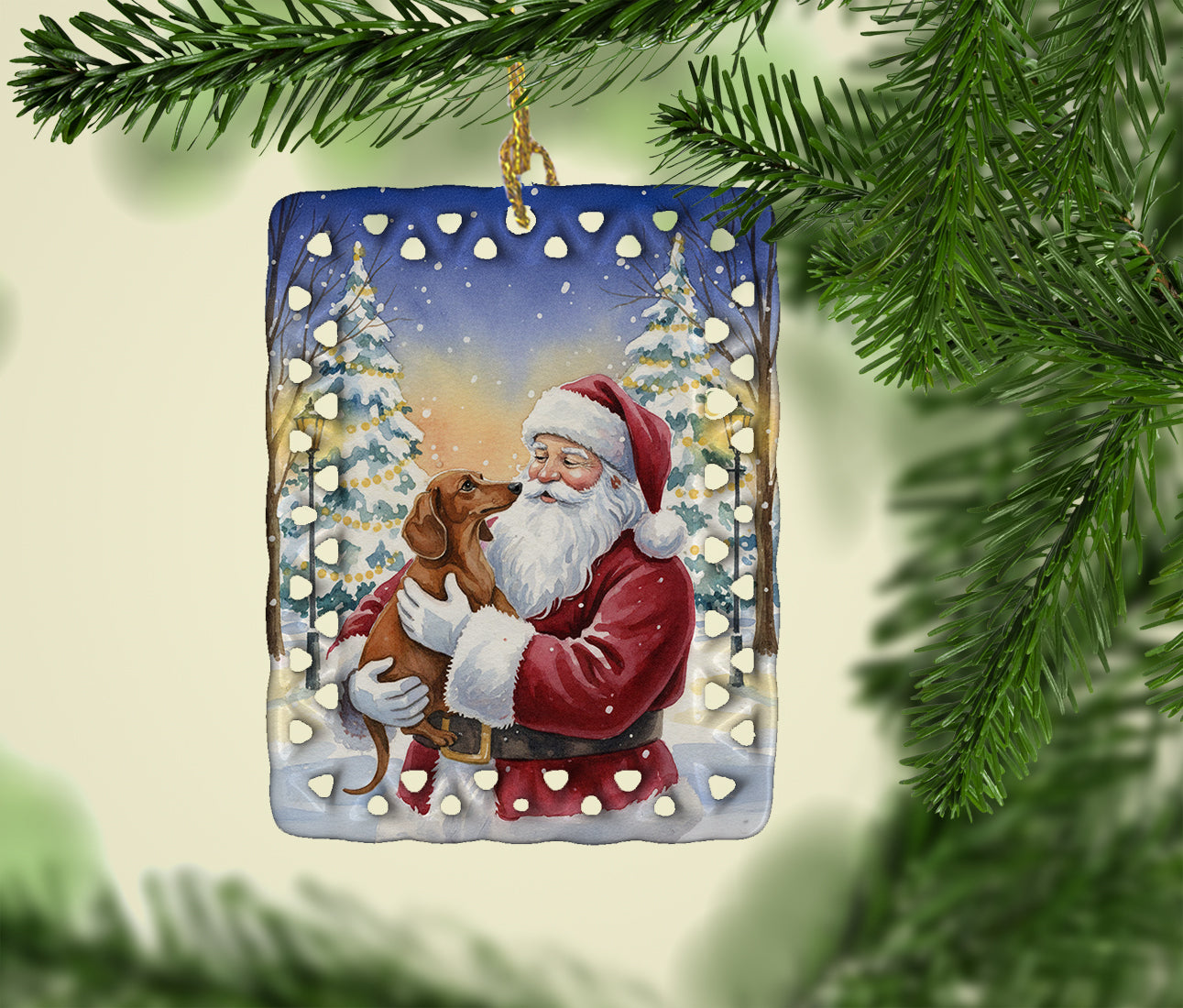 Dachshund with Santa Claus Porcelain Ornament