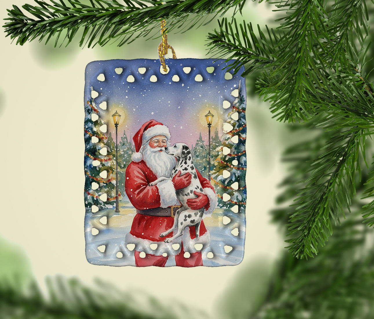 Dalmatian with Santa Claus Porcelain Ornament