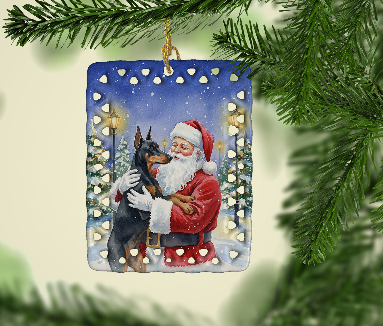 Doberman Pinscher with Santa Claus Porcelain Ornament