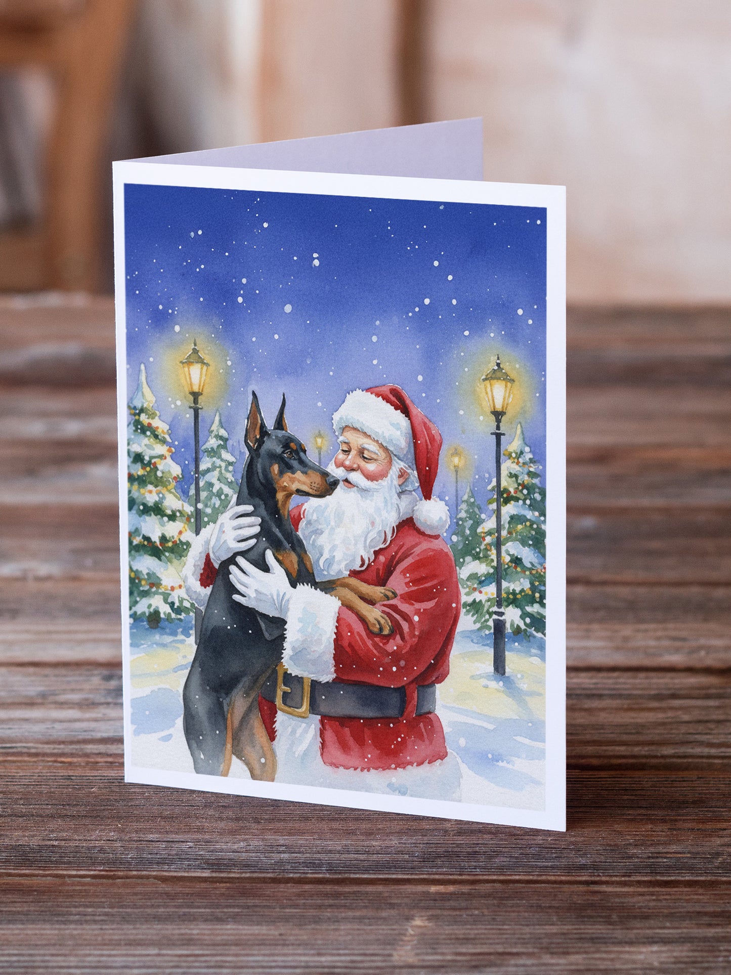 Doberman Pinscher with Santa Claus Greeting Cards Pack of 8