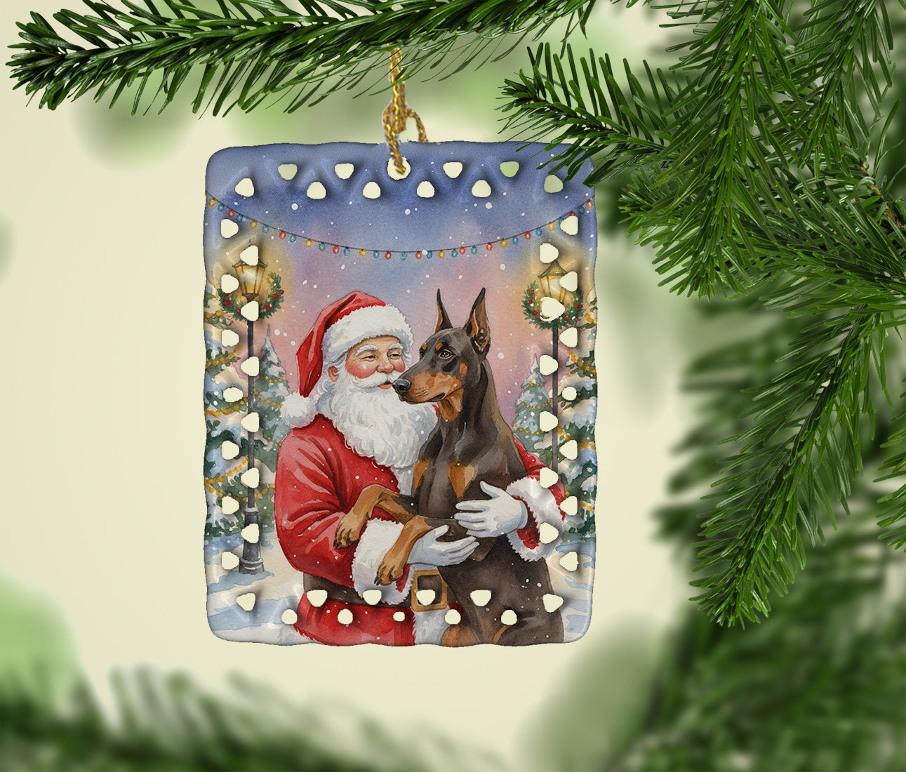 Fawn Doberman Pinscher with Santa Claus Porcelain Ornament