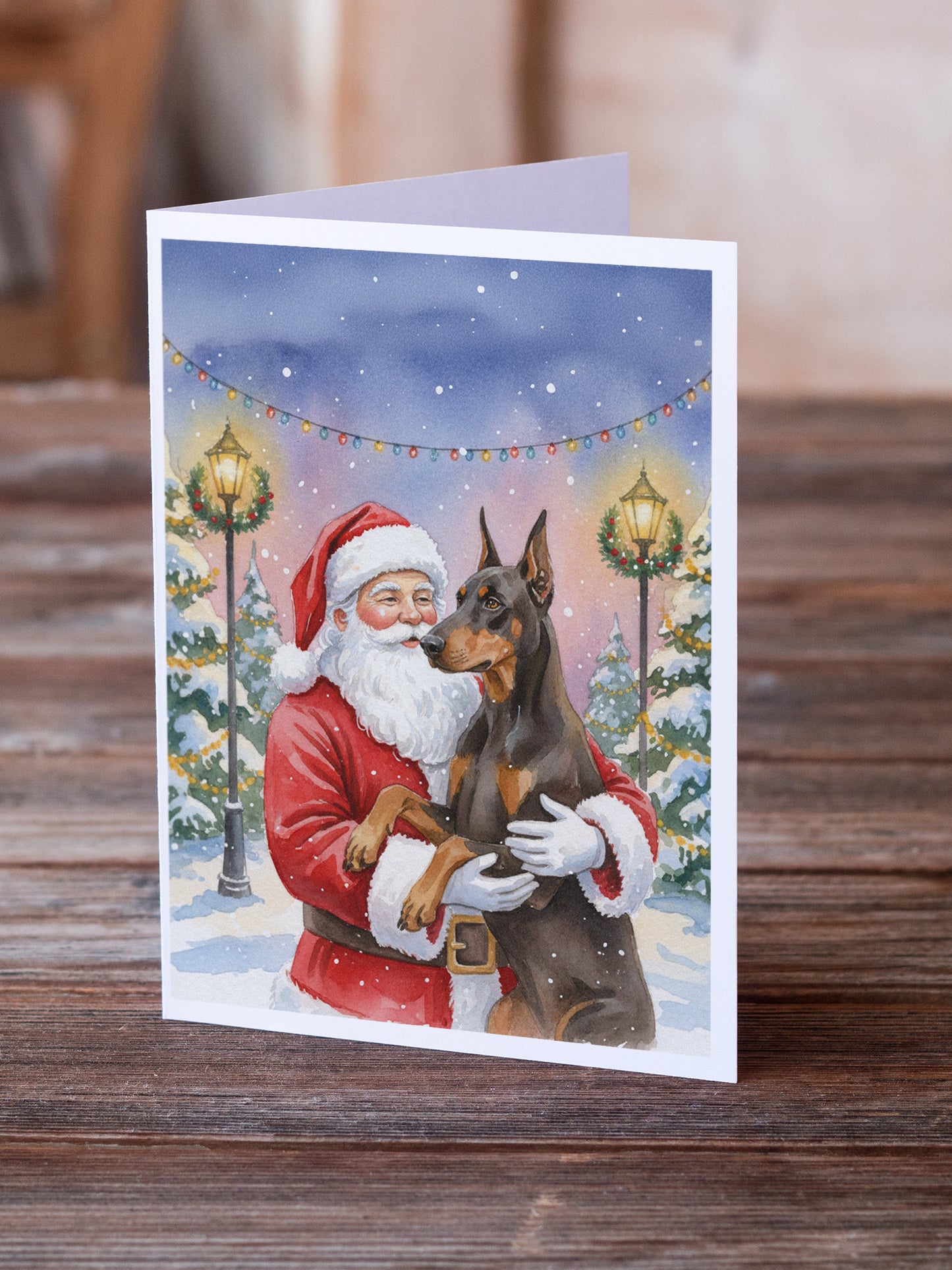Fawn Doberman Pinscher with Santa Claus Greeting Cards Pack of 8