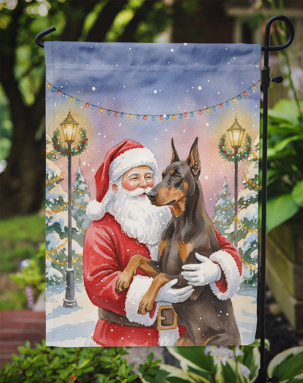 Fawn Doberman Pinscher with Santa Claus Garden Flag