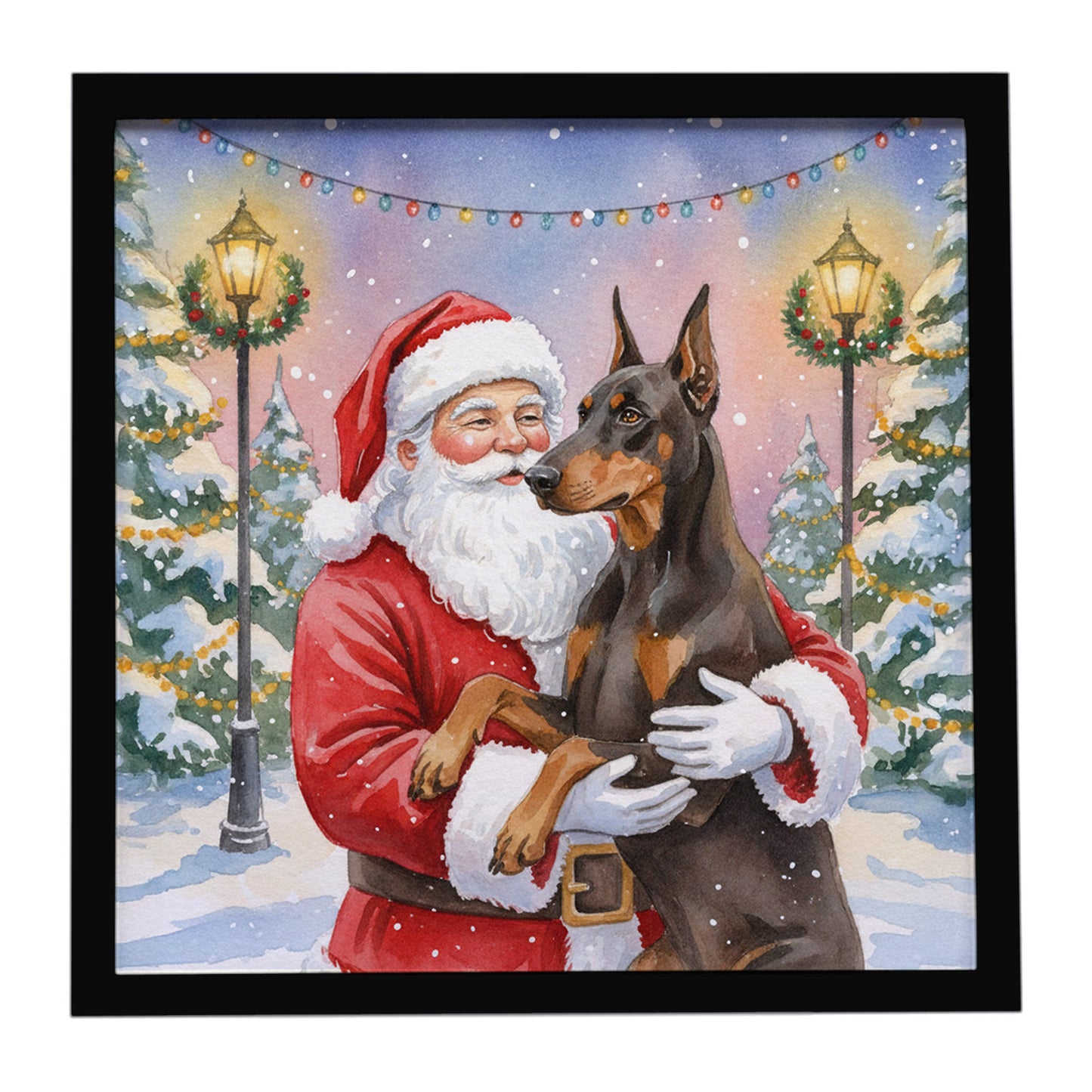 Buy this Fawn Doberman Pinscher with Santa Claus Framed Metal Print