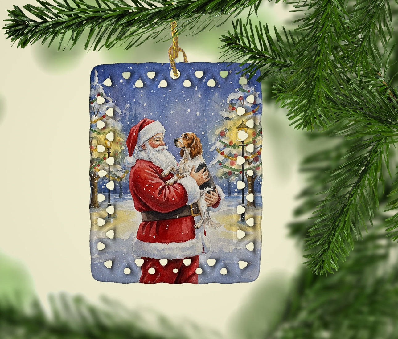 English Setter with Santa Claus Porcelain Ornament