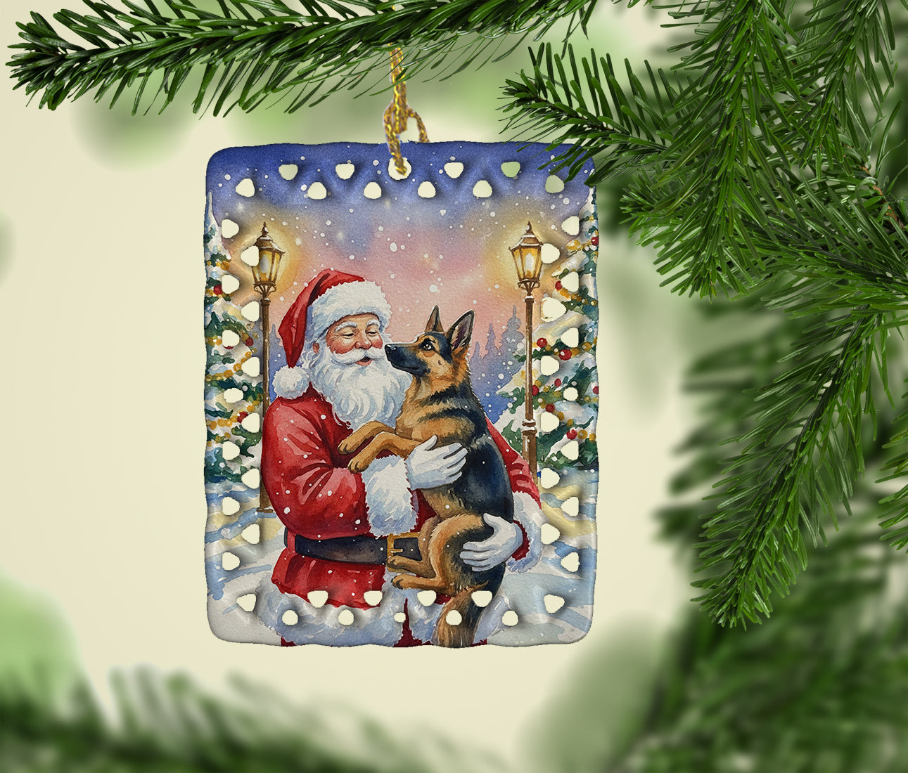 German Shepherd with Santa Claus Porcelain Ornament