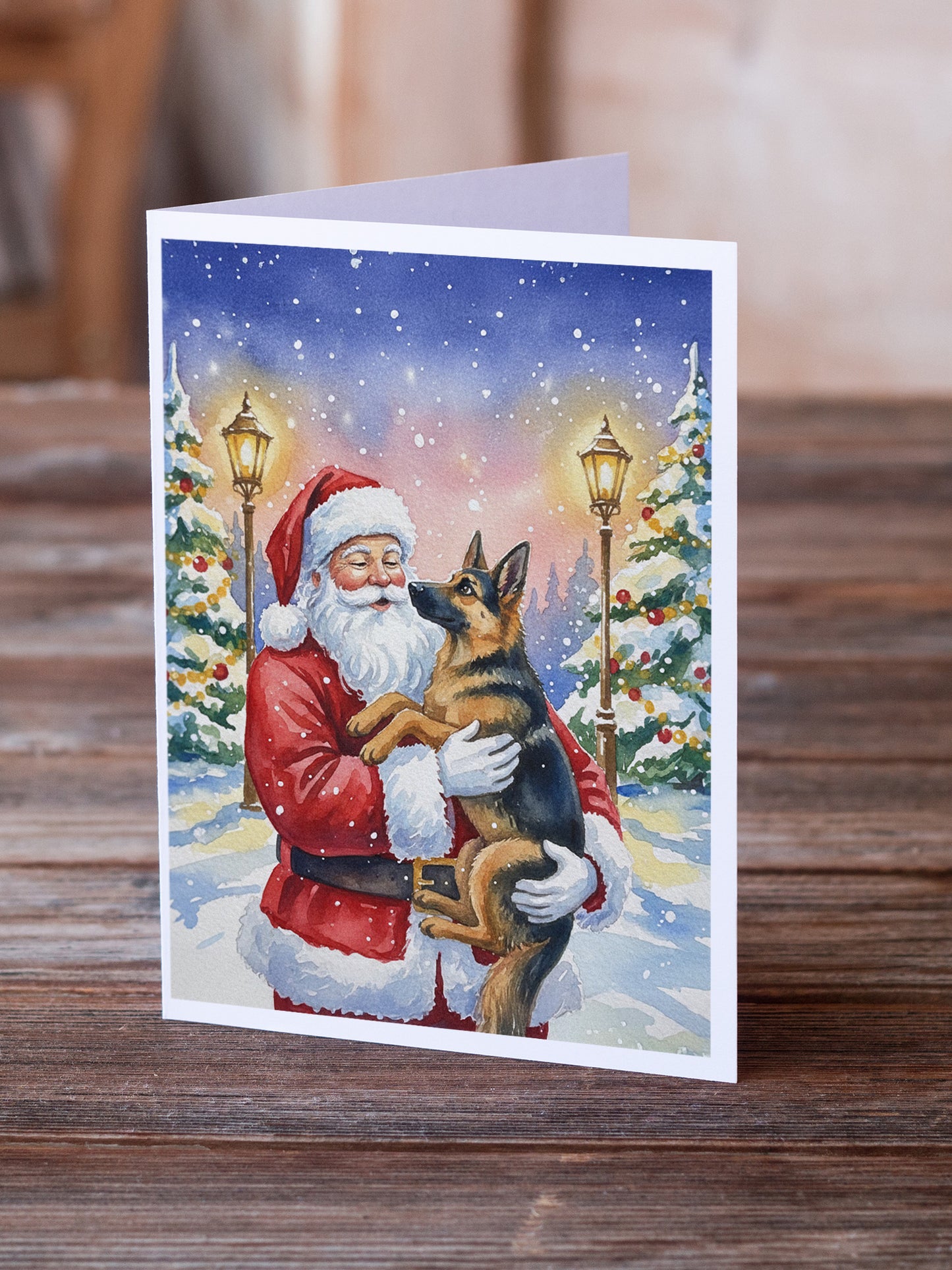 German Shepherd with Santa Claus Greeting Cards Pack of 8