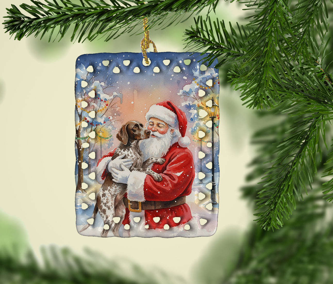 German Shorthaired Pointer with Santa Claus Porcelain Ornament