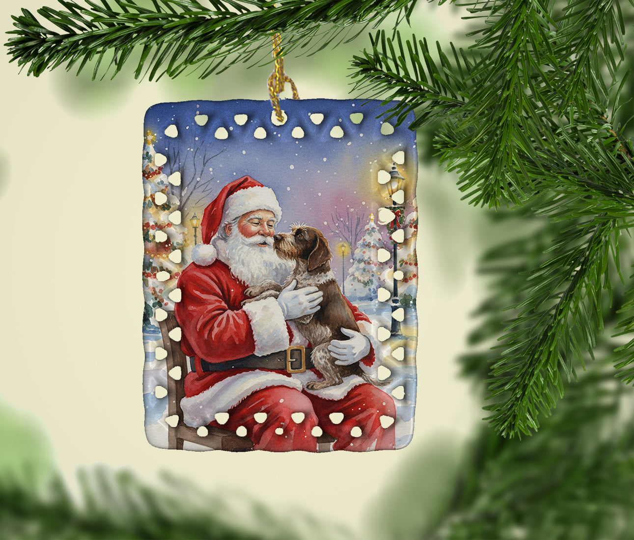 German Wirehaired Pointer with Santa Claus Porcelain Ornament