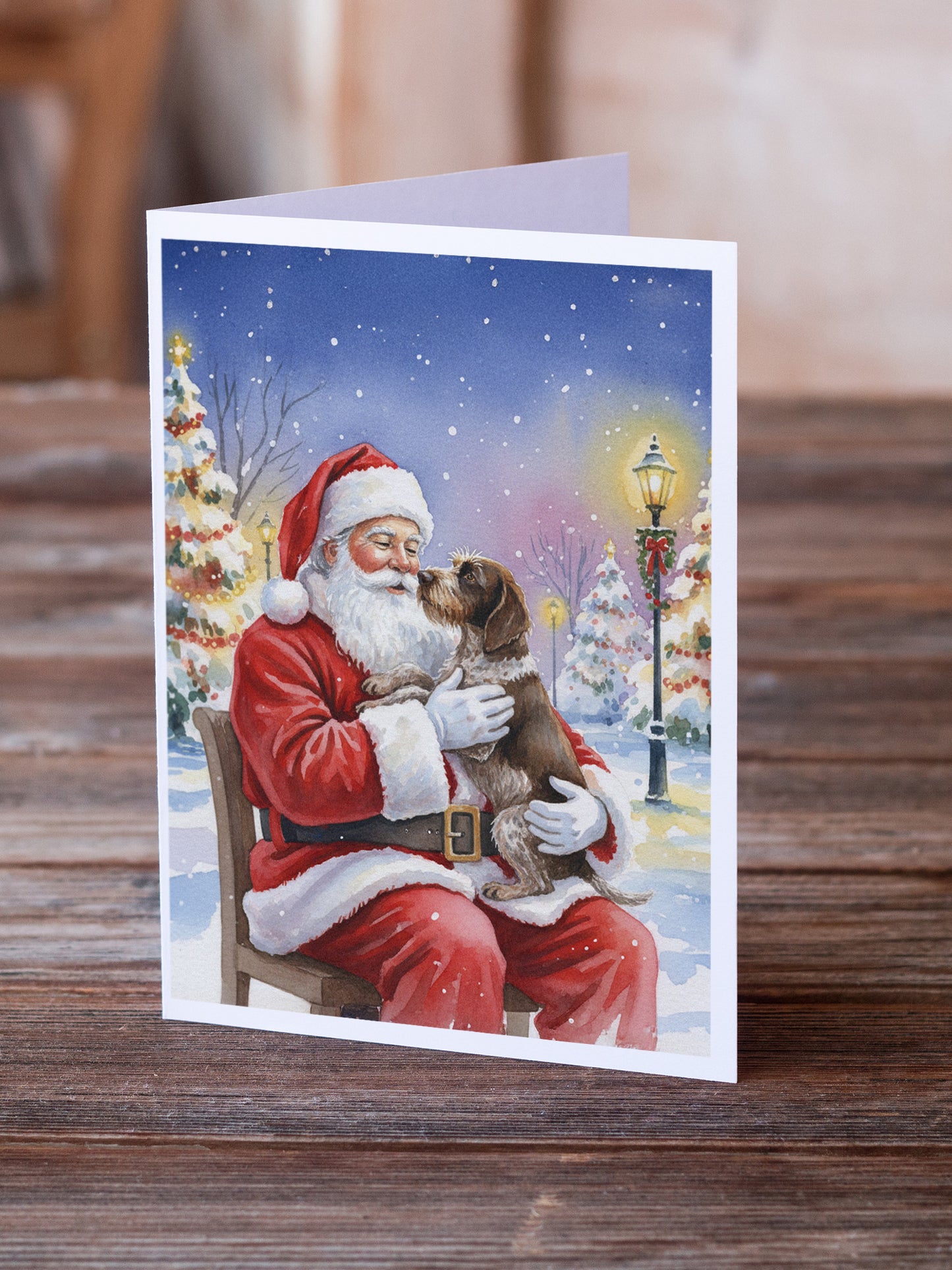 German Wirehaired Pointer with Santa Claus Greeting Cards Pack of 8