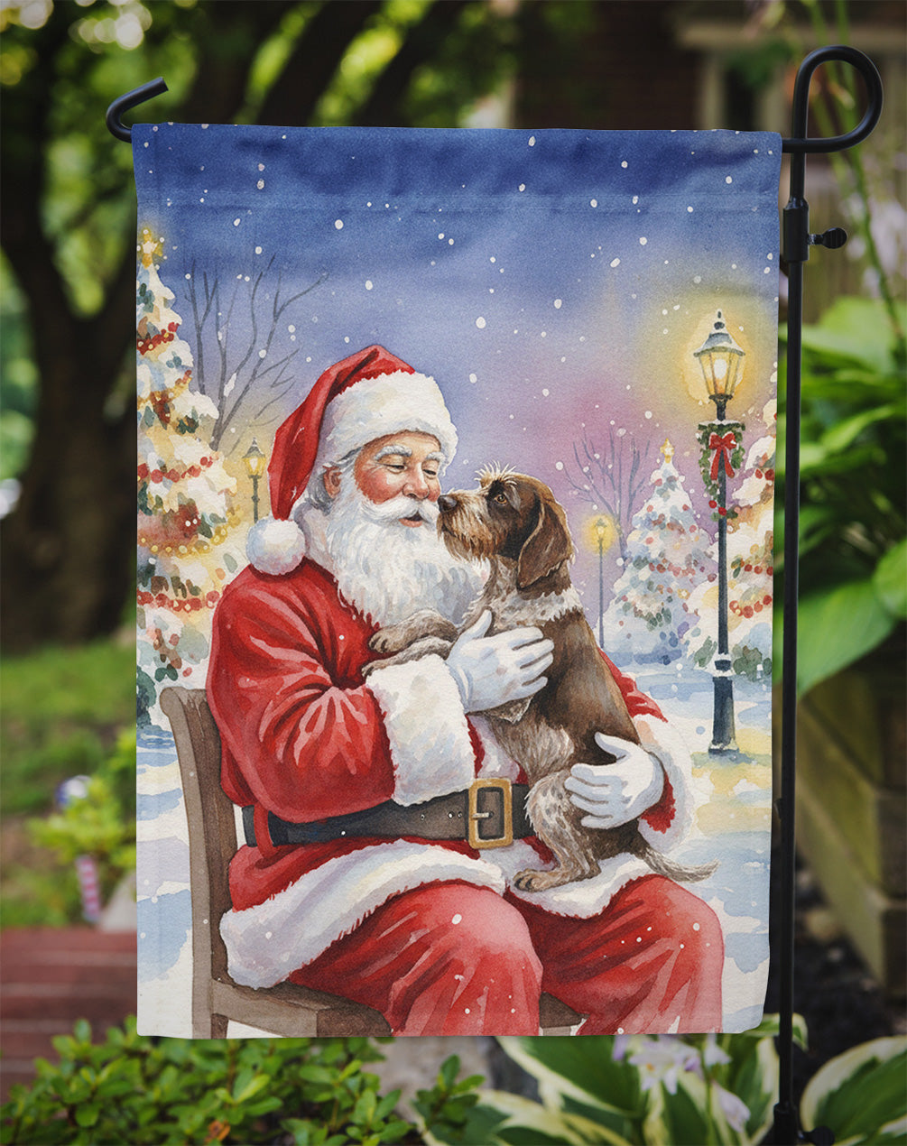 German Wirehaired Pointer with Santa Claus Garden Flag