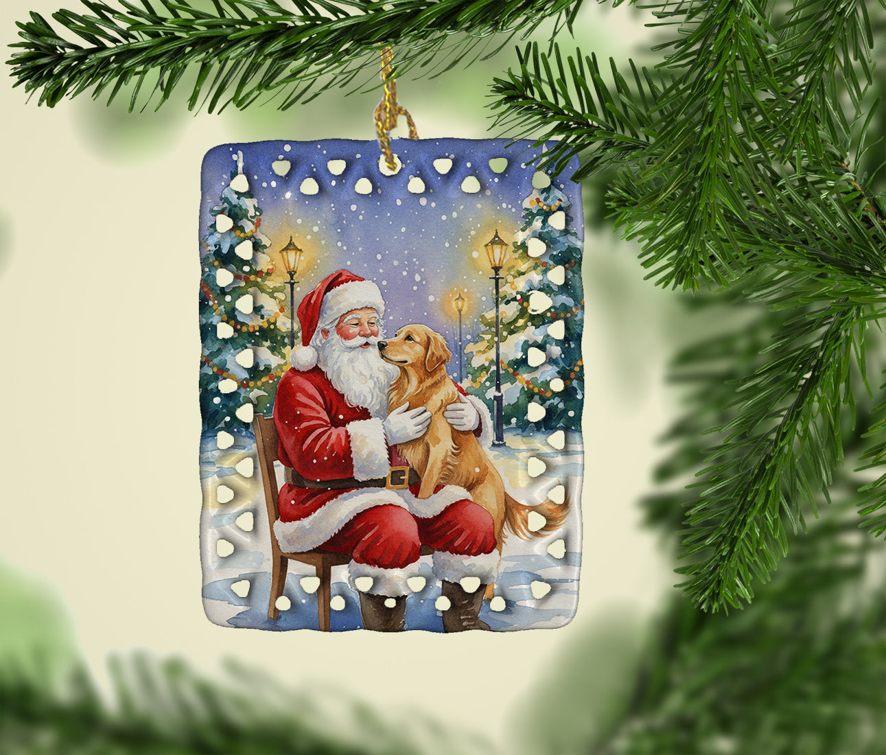 Golden Retriever with Santa Claus Porcelain Ornament