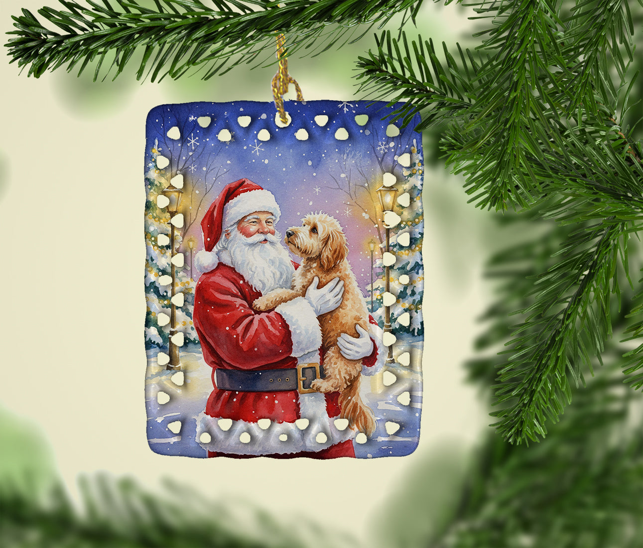 Goldendoodle with Santa Claus Porcelain Ornament