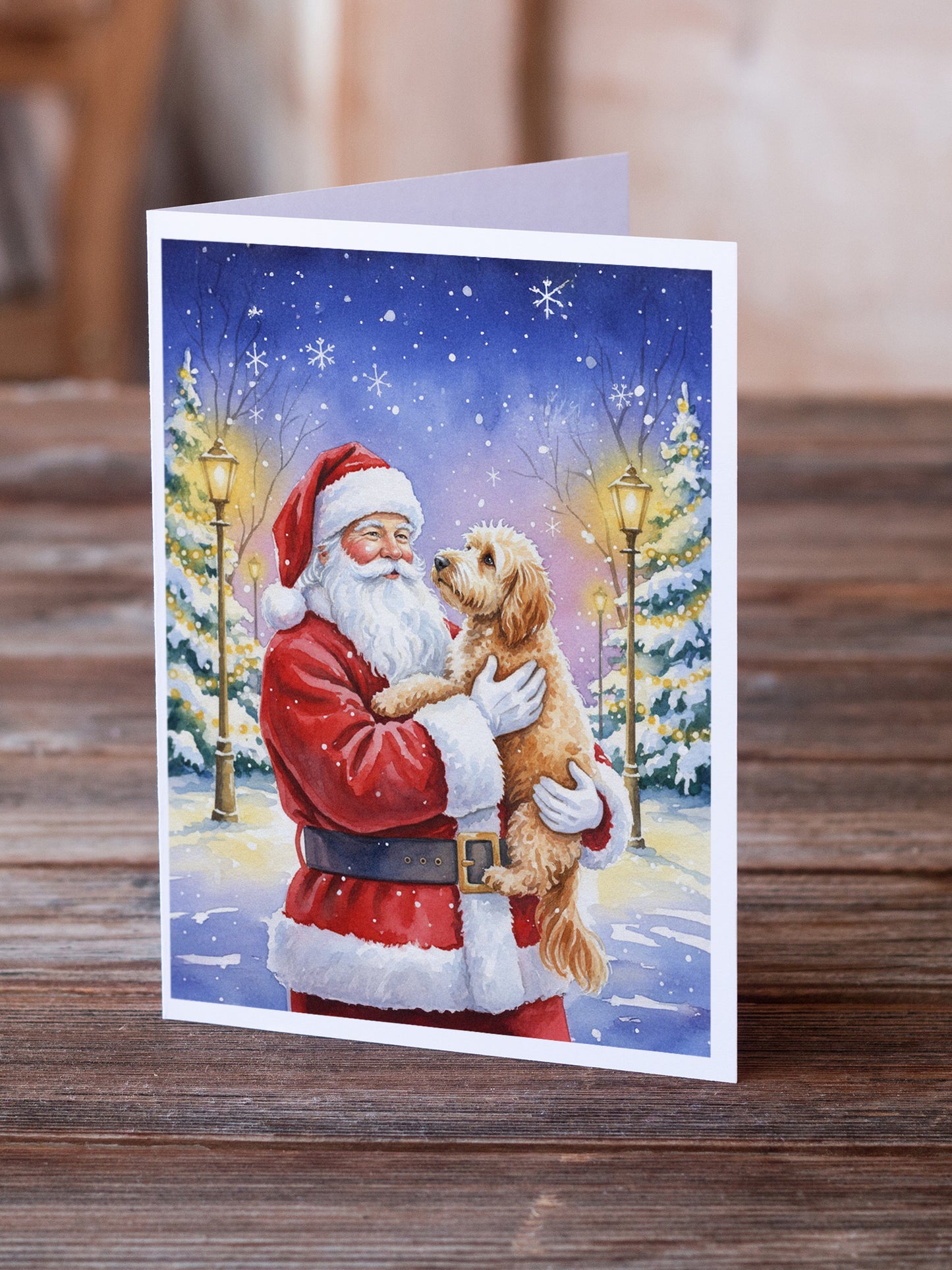 Goldendoodle with Santa Claus Greeting Cards Pack of 8