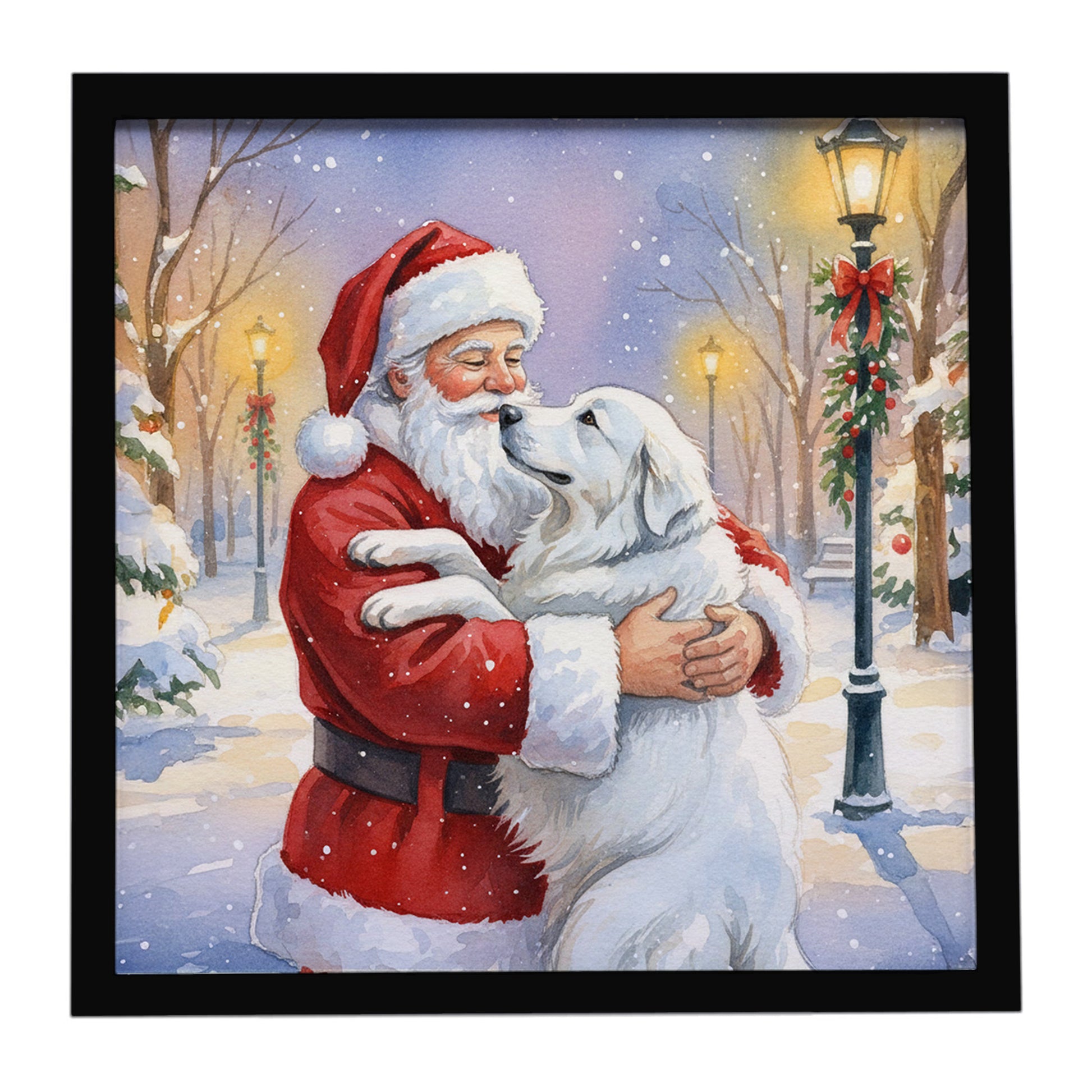 Buy this Great Pyrenees with Santa Claus Framed Metal Print