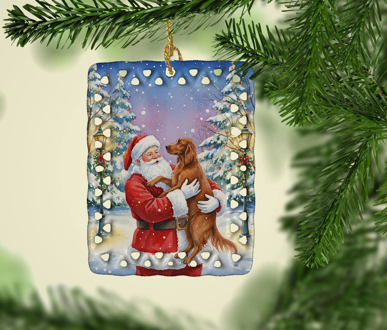 Irish Setter with Santa Claus Porcelain Ornament