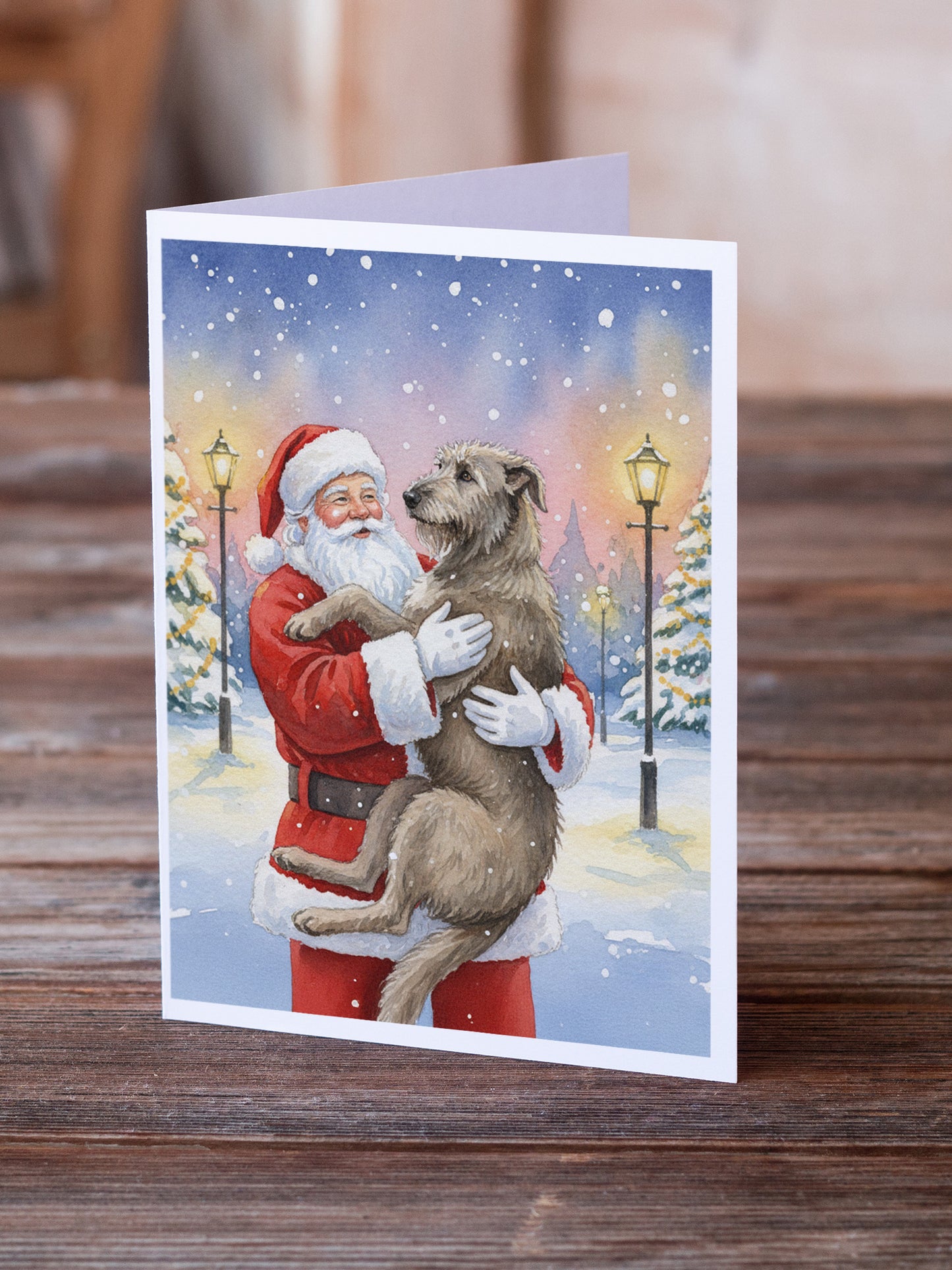 Irish Wolfhound with Santa Claus Greeting Cards Pack of 8