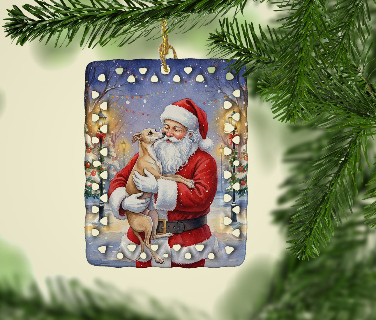 Italian Greyhound with Santa Claus Porcelain Ornament