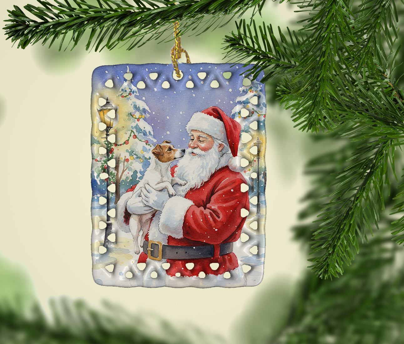 Jack Russell Terrier with Santa Claus Porcelain Ornament