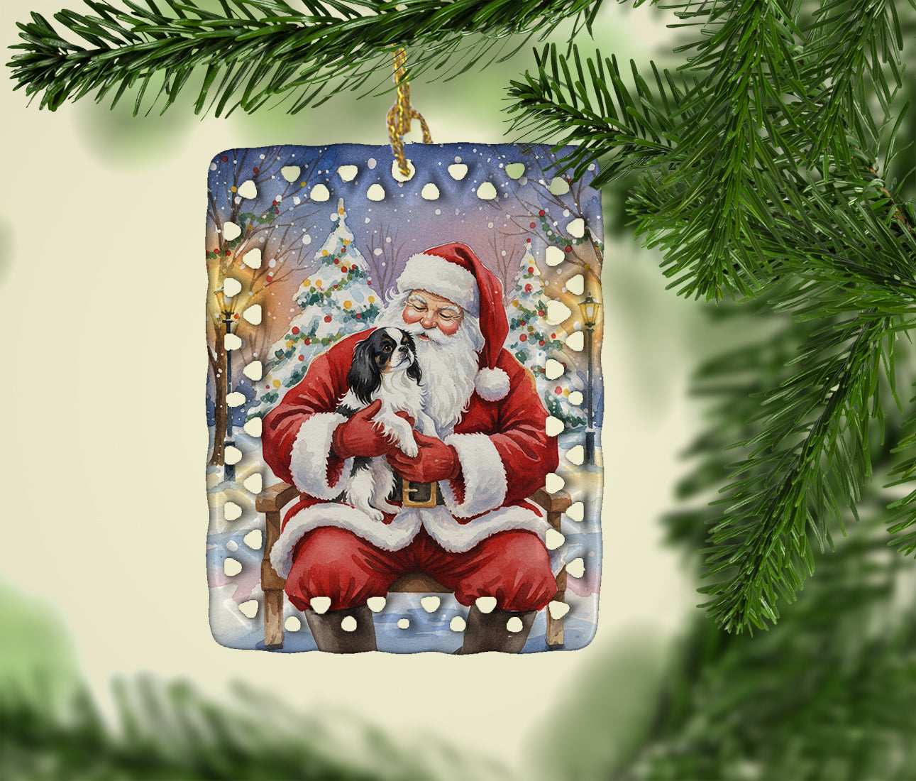 Japanese Chin with Santa Claus Porcelain Ornament