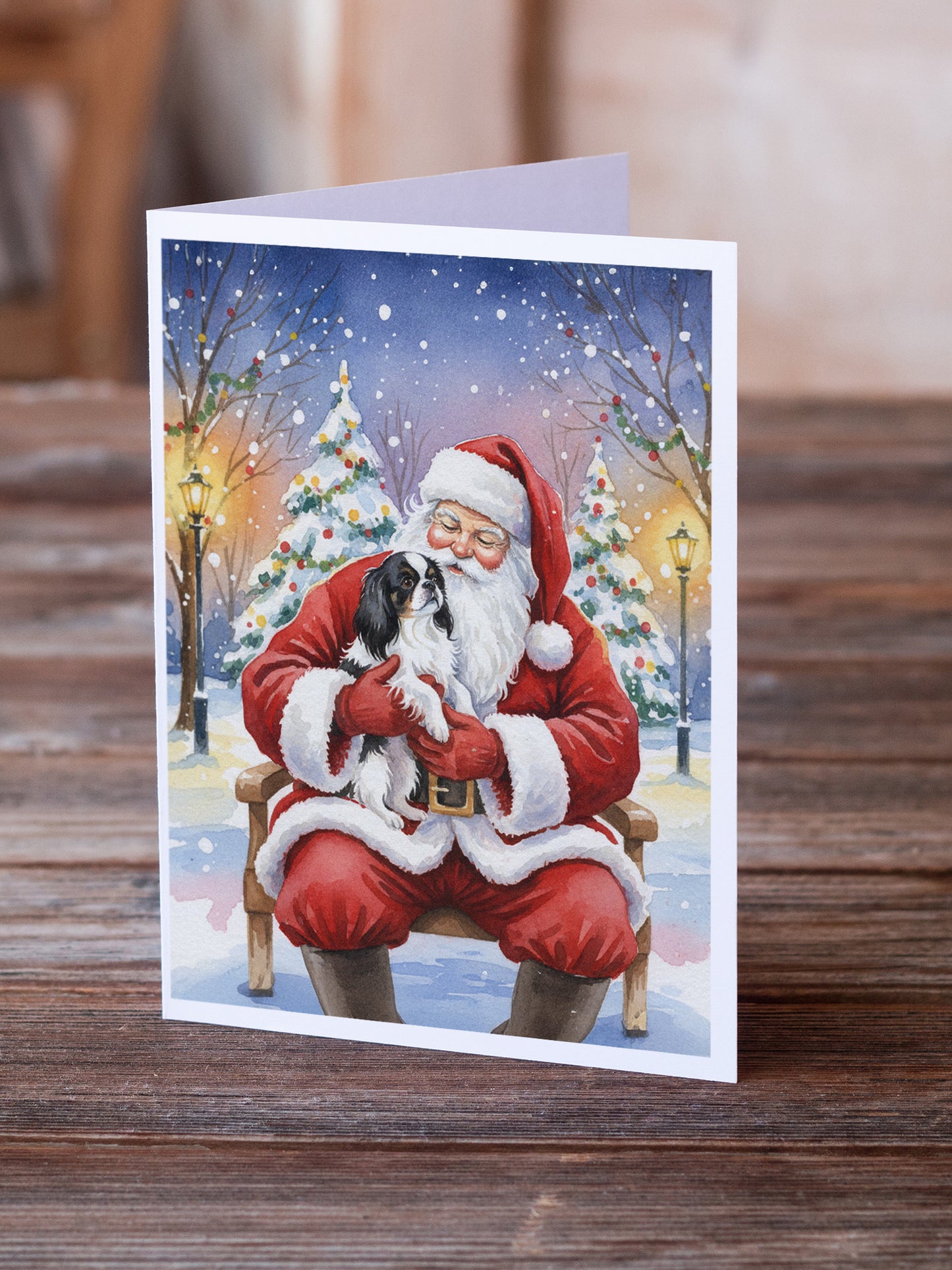 Japanese Chin with Santa Claus Greeting Cards Pack of 8