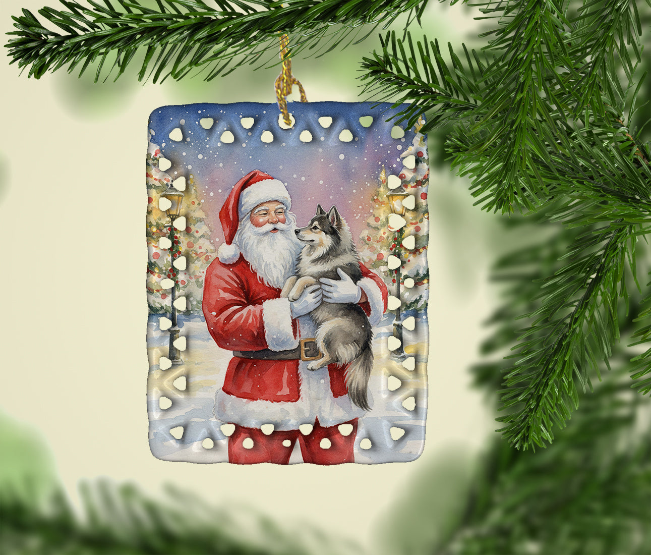 Keeshond with Santa Claus Porcelain Ornament