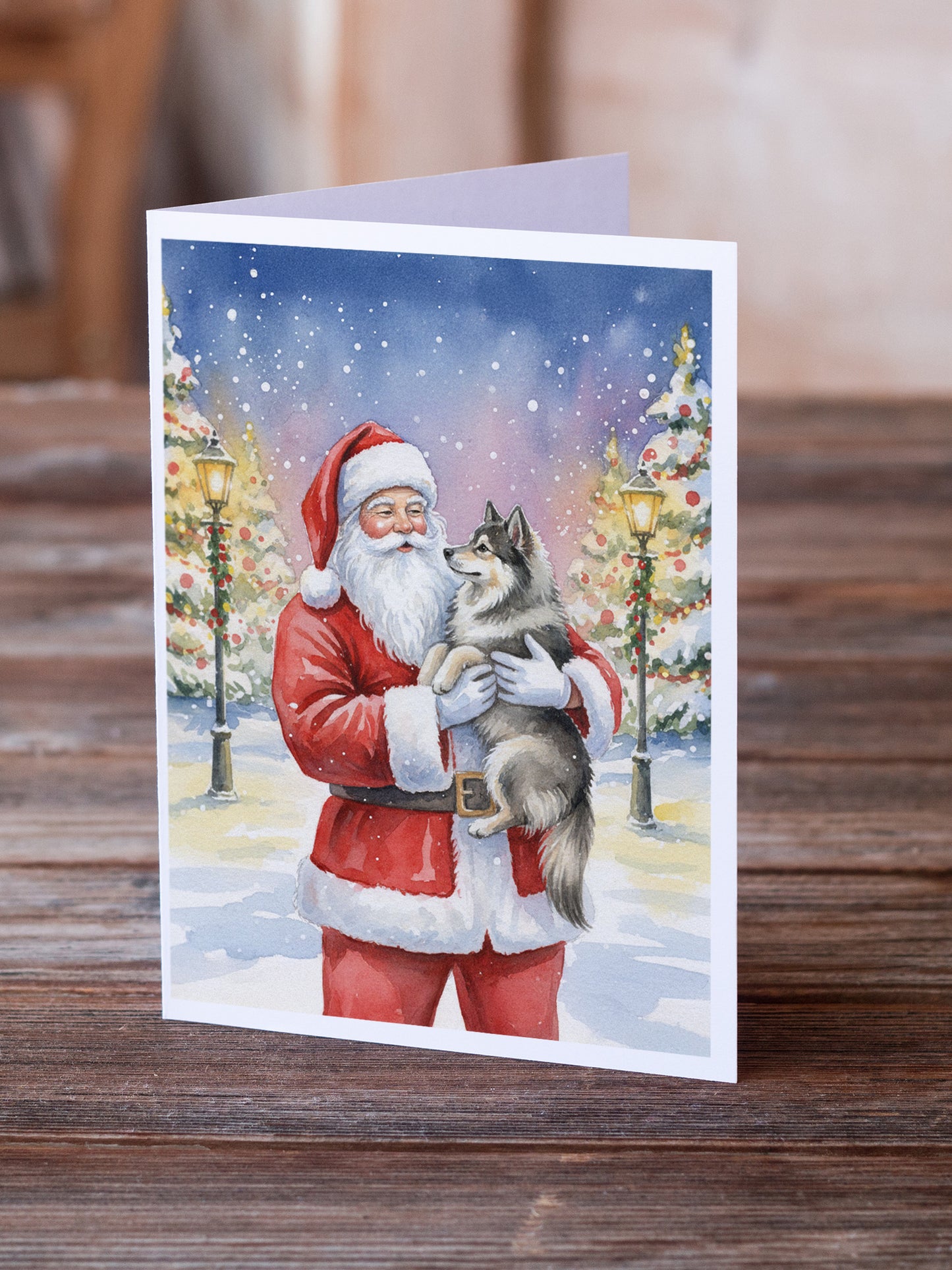 Keeshond with Santa Claus Greeting Cards Pack of 8