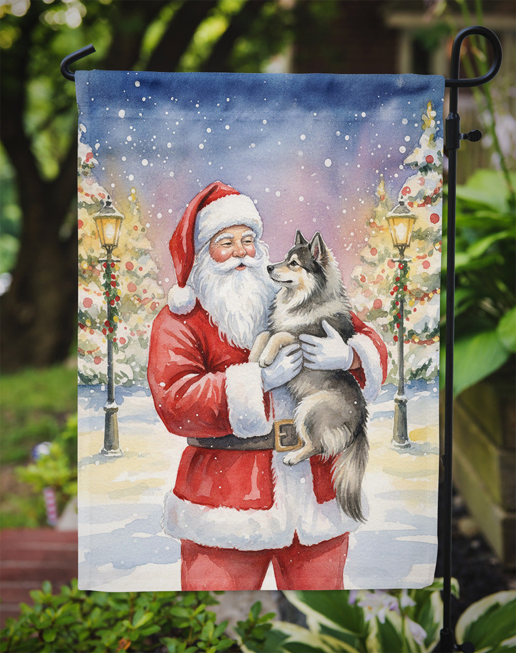 Keeshond with Santa Claus Garden Flag