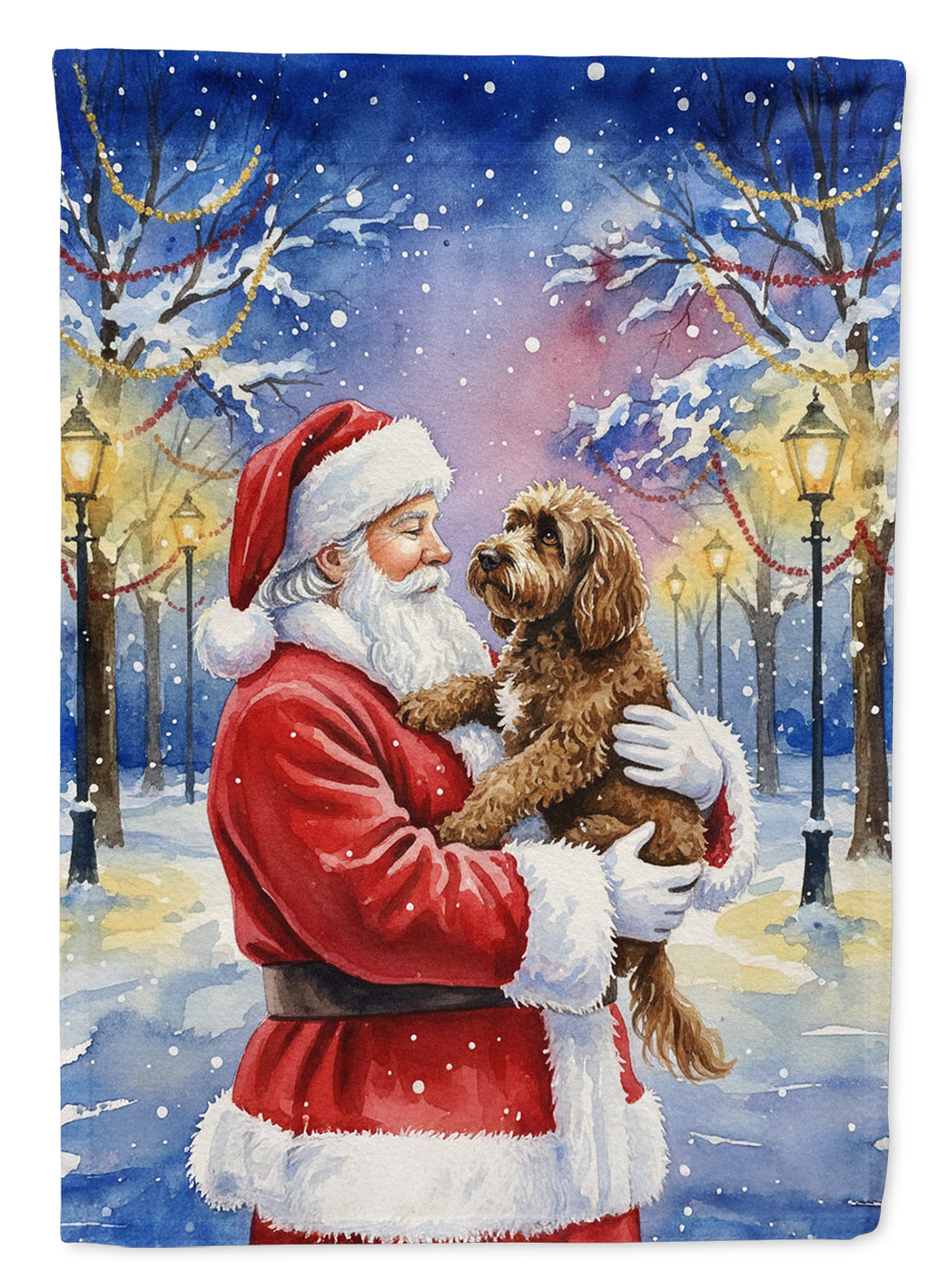 Buy this Chocolate Labradoodle with Santa Claus House Flag