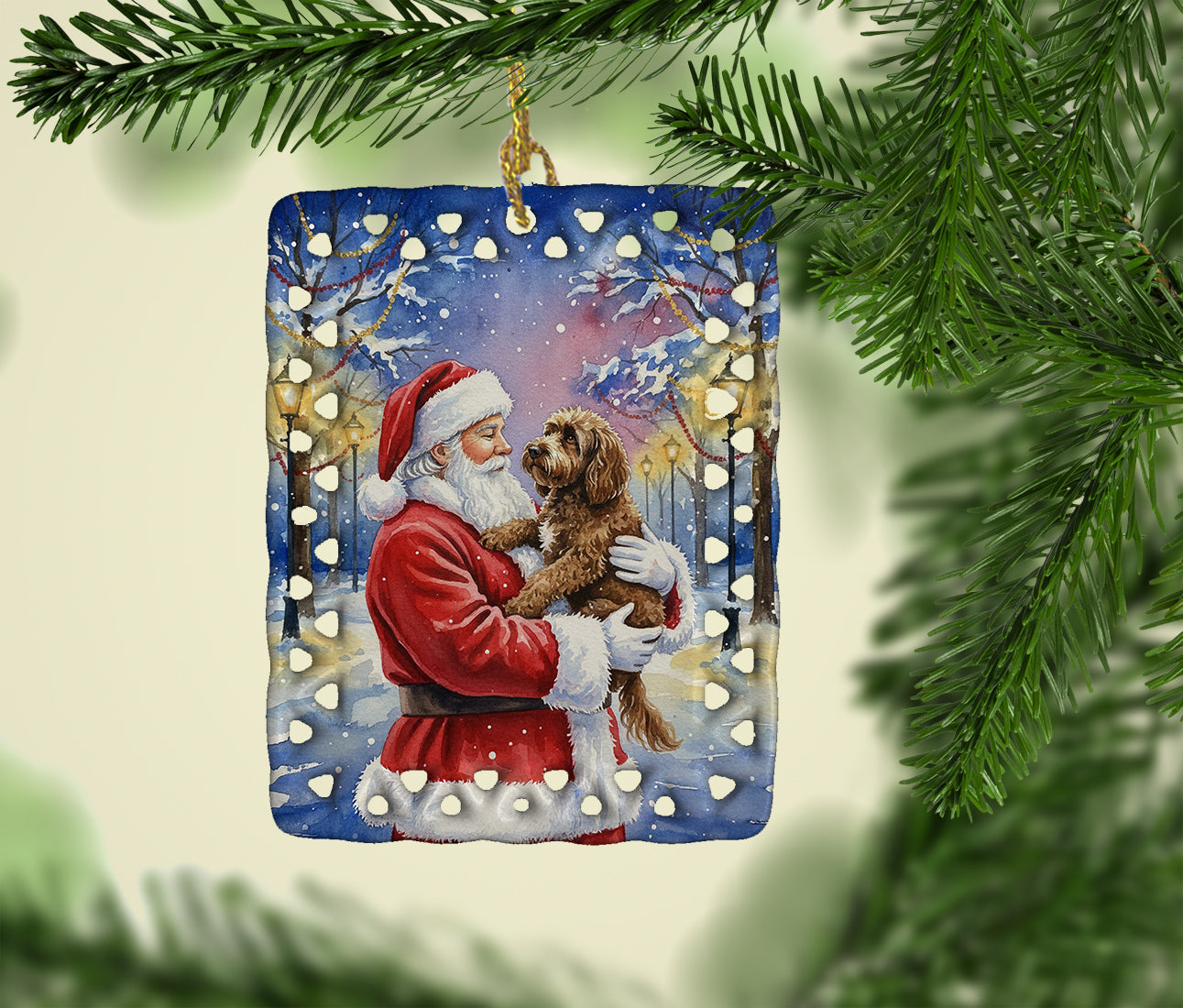 Chocolate Labradoodle with Santa Claus Porcelain Ornament