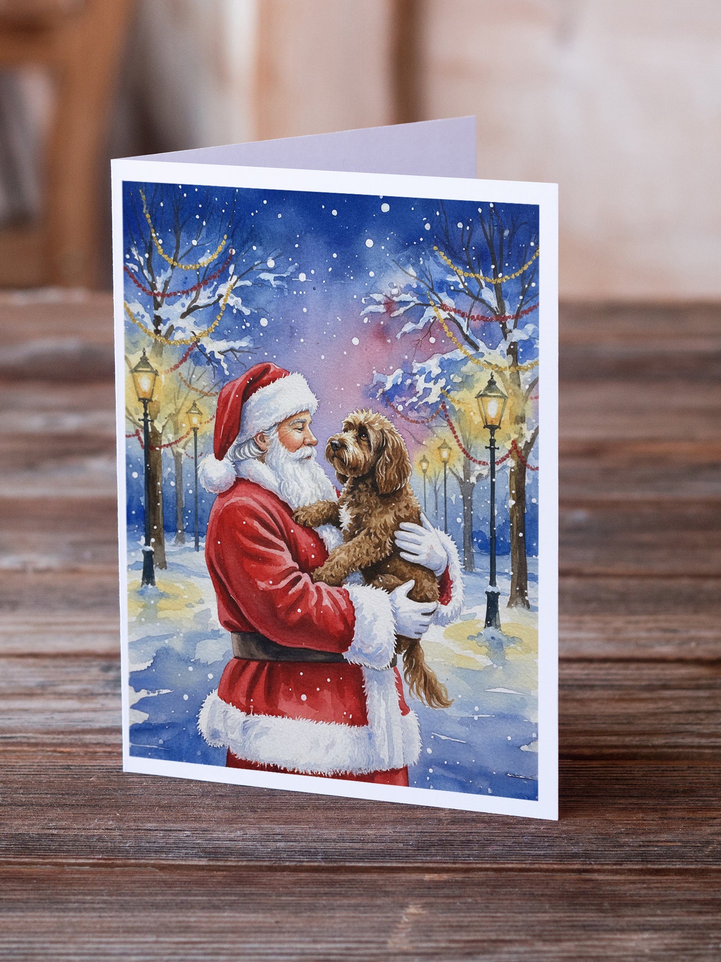 Chocolate Labradoodle with Santa Claus Greeting Cards Pack of 8
