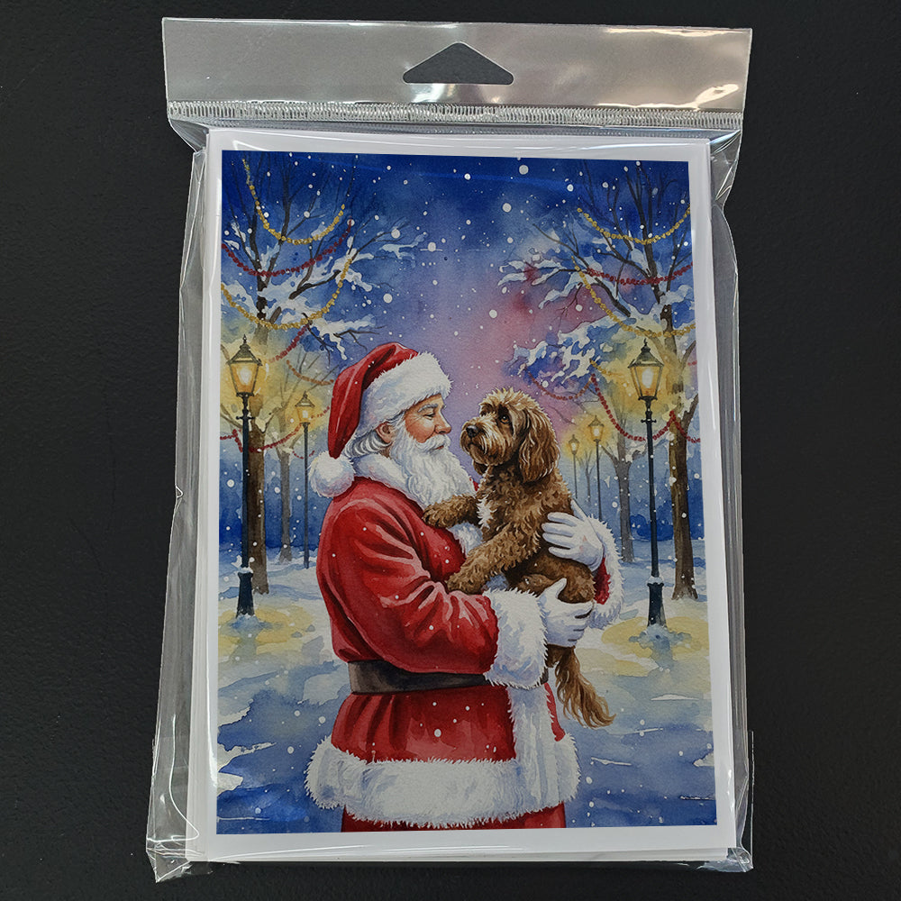 Chocolate Labradoodle with Santa Claus Greeting Cards Pack of 8