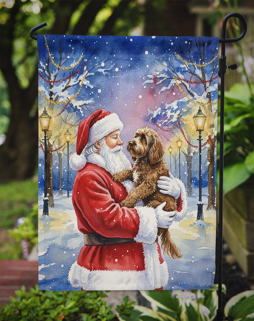 Chocolate Labradoodle with Santa Claus Garden Flag