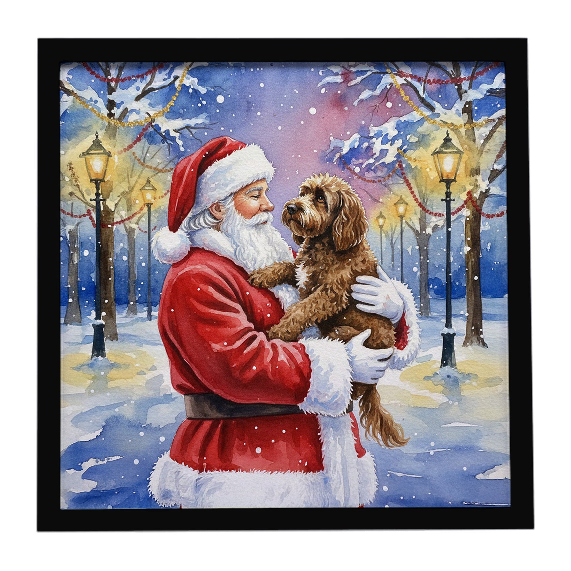 Buy this Chocolate Labradoodle with Santa Claus Framed Metal Print