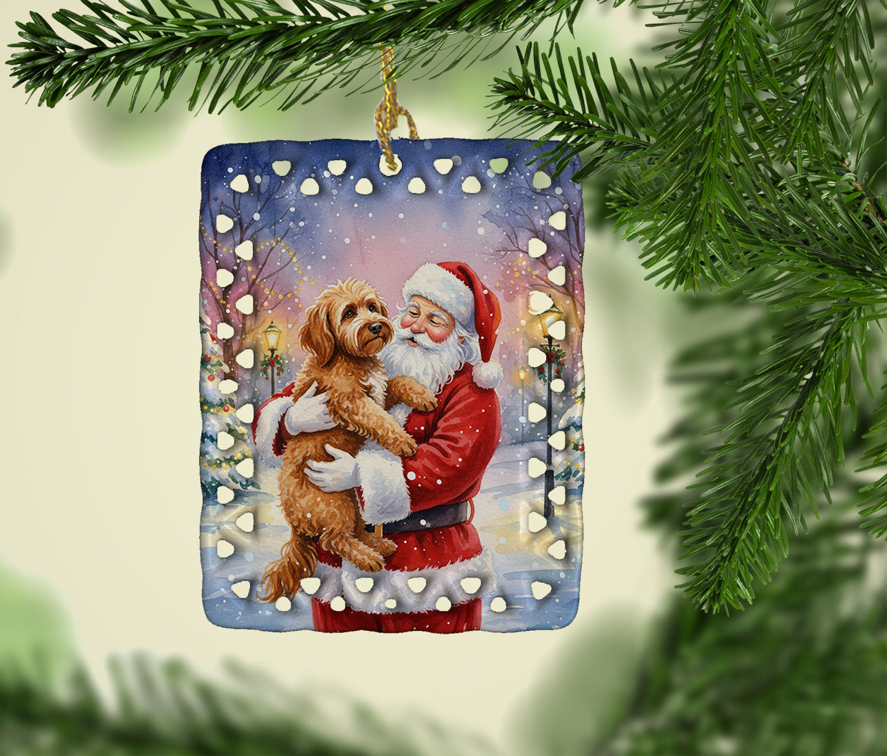 Labradoodle with Santa Claus Porcelain Ornament