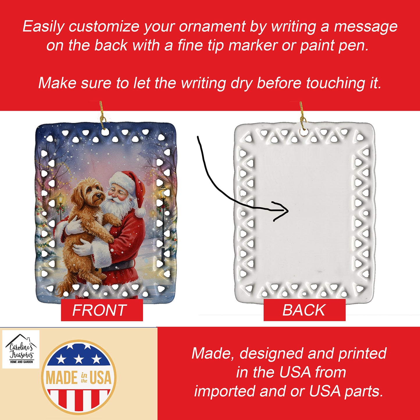 Labradoodle with Santa Claus Porcelain Ornament