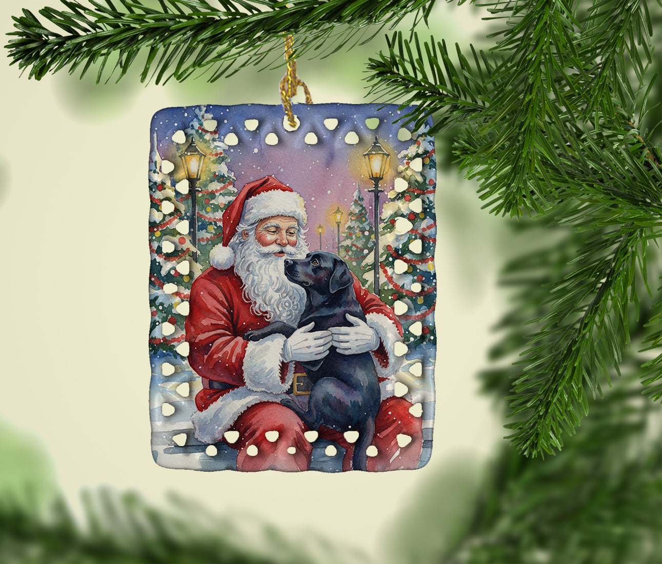 Black Labrador Retriever with Santa Claus Porcelain Ornament