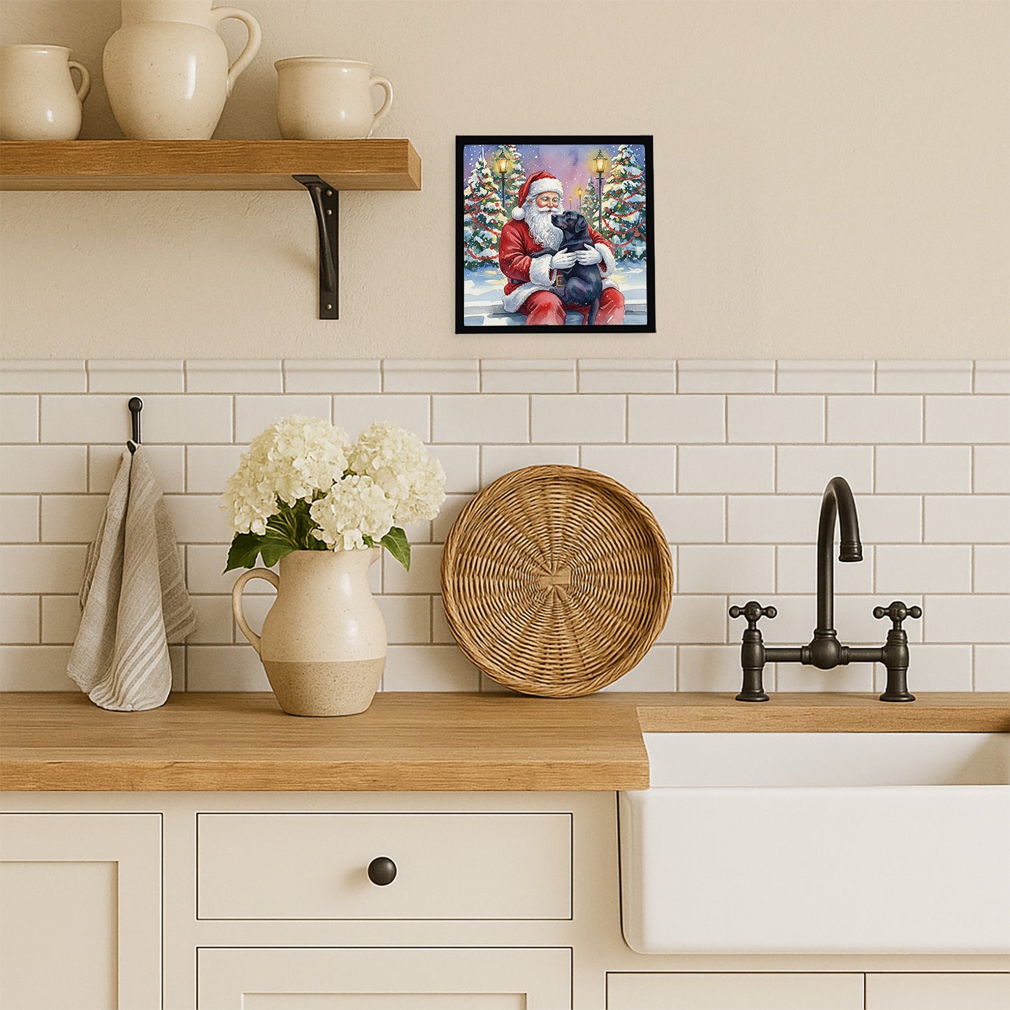 Black Labrador Retriever with Santa Claus Framed Metal Print