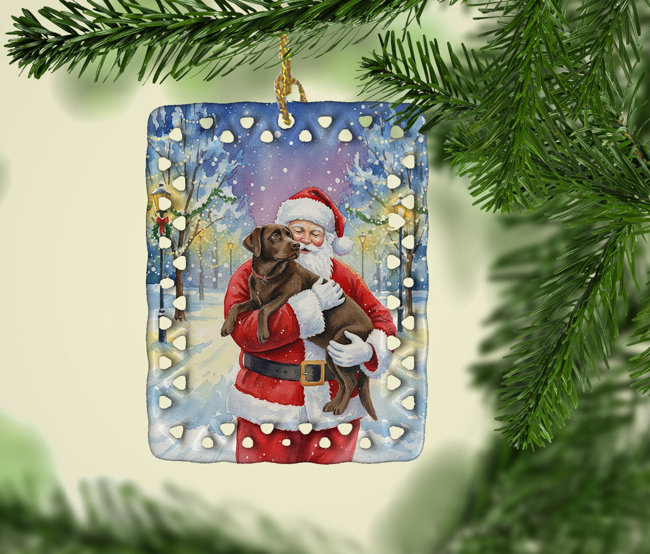 Chocolate Labrador Retriever with Santa Claus Porcelain Ornament