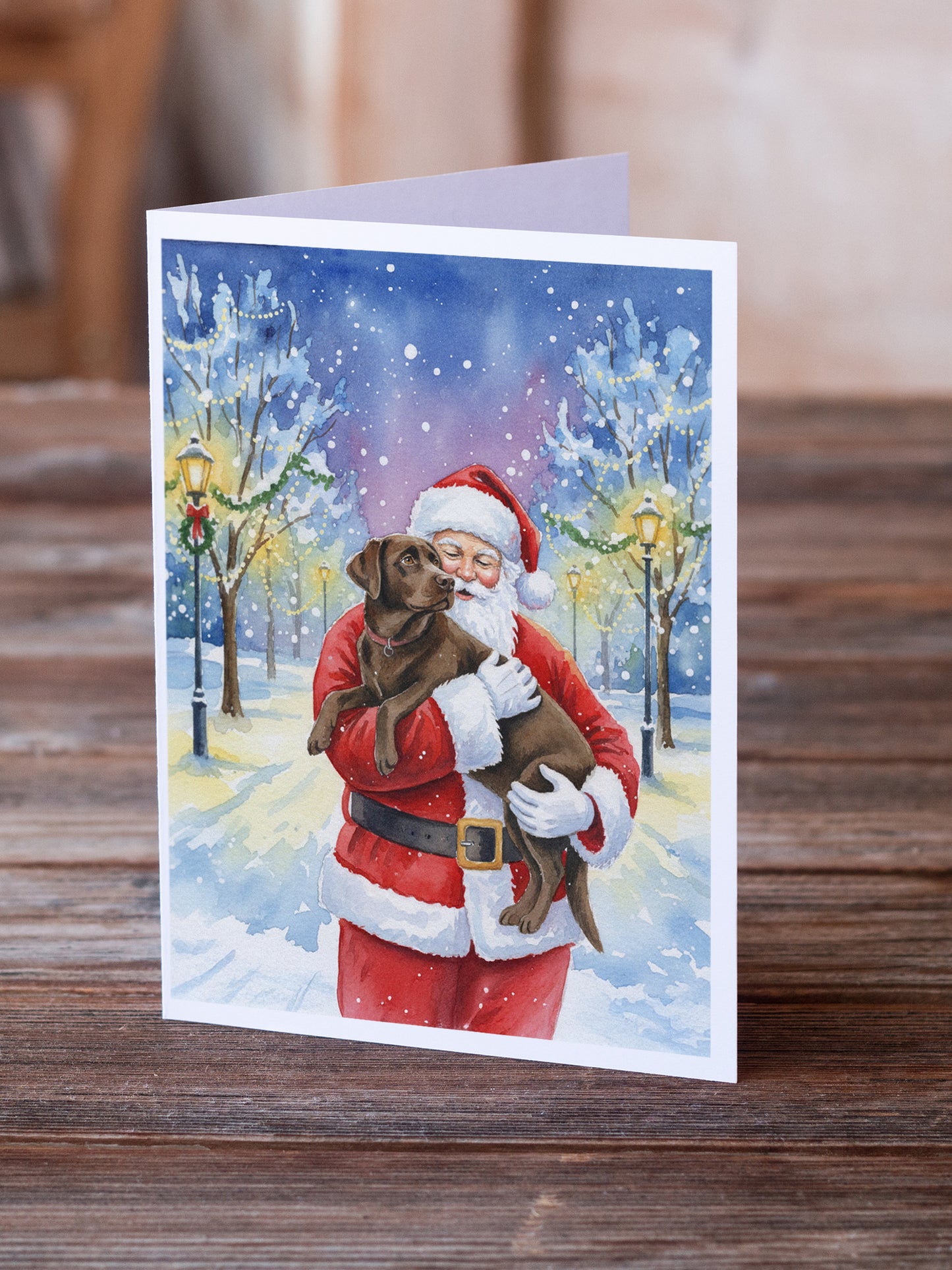 Chocolate Labrador Retriever with Santa Claus Greeting Cards Pack of 8