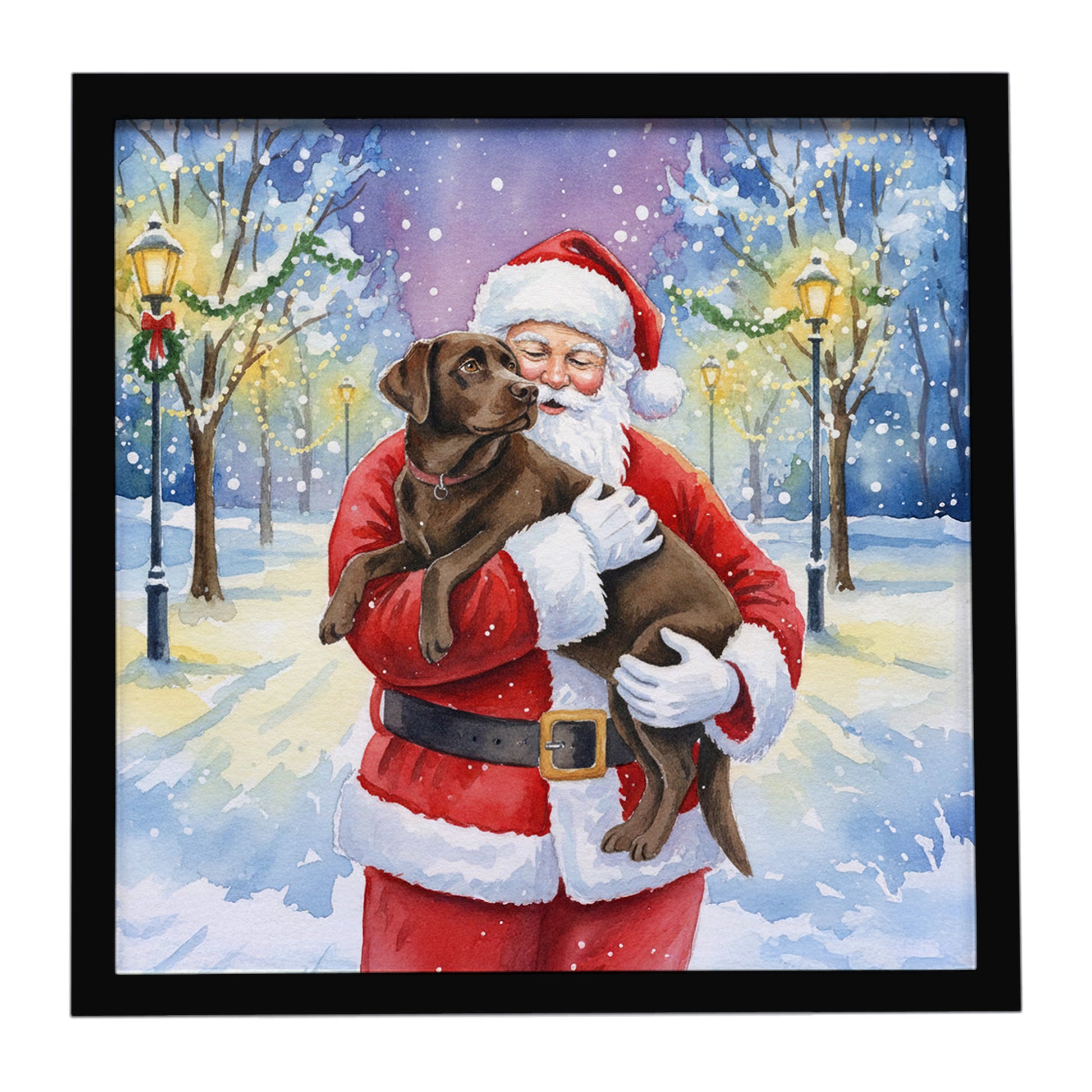 Buy this Chocolate Labrador Retriever with Santa Claus Framed Metal Print