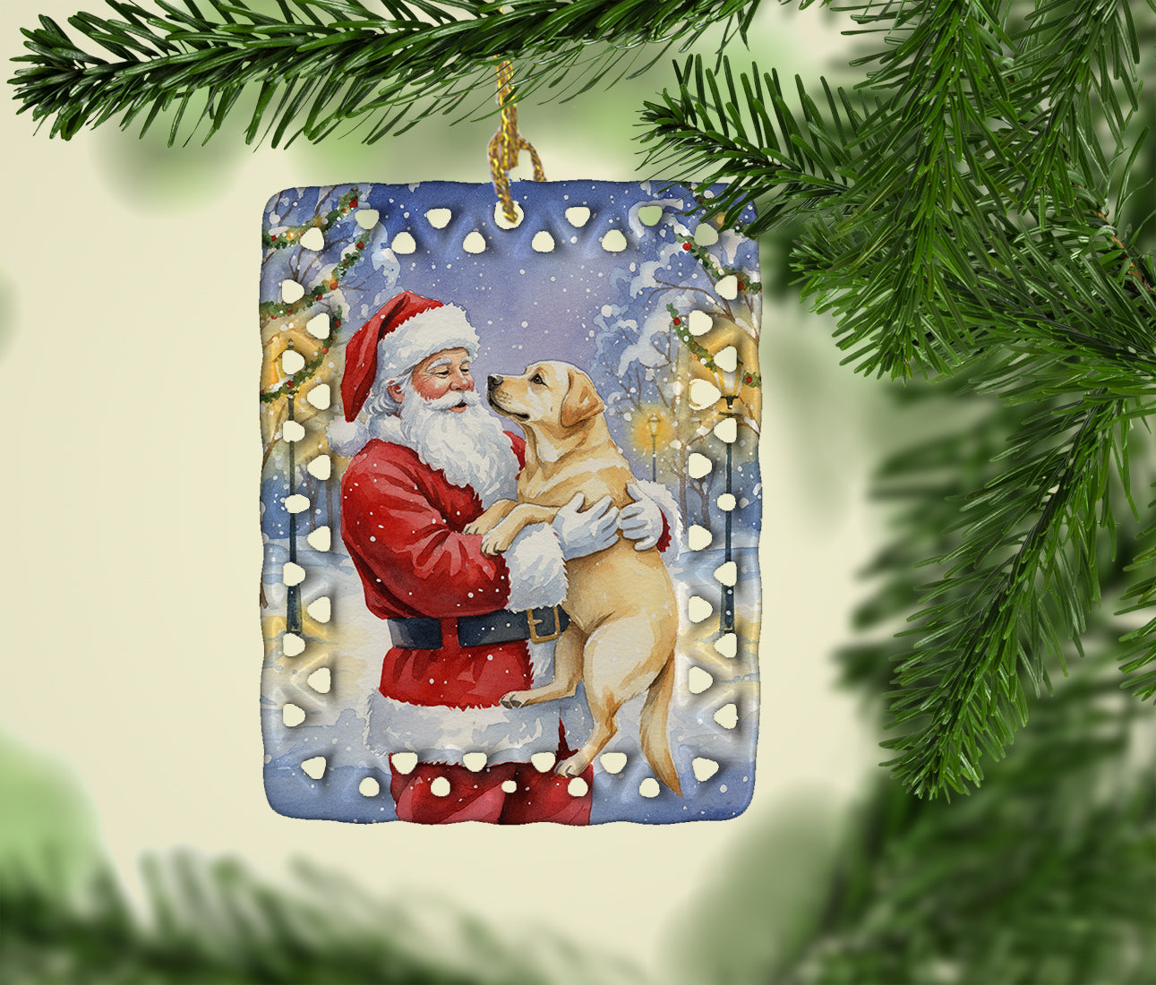 Yellow Labrador Retriever with Santa Claus Porcelain Ornament