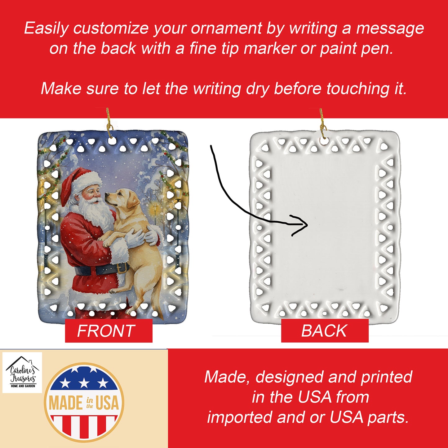 Yellow Labrador Retriever with Santa Claus Porcelain Ornament