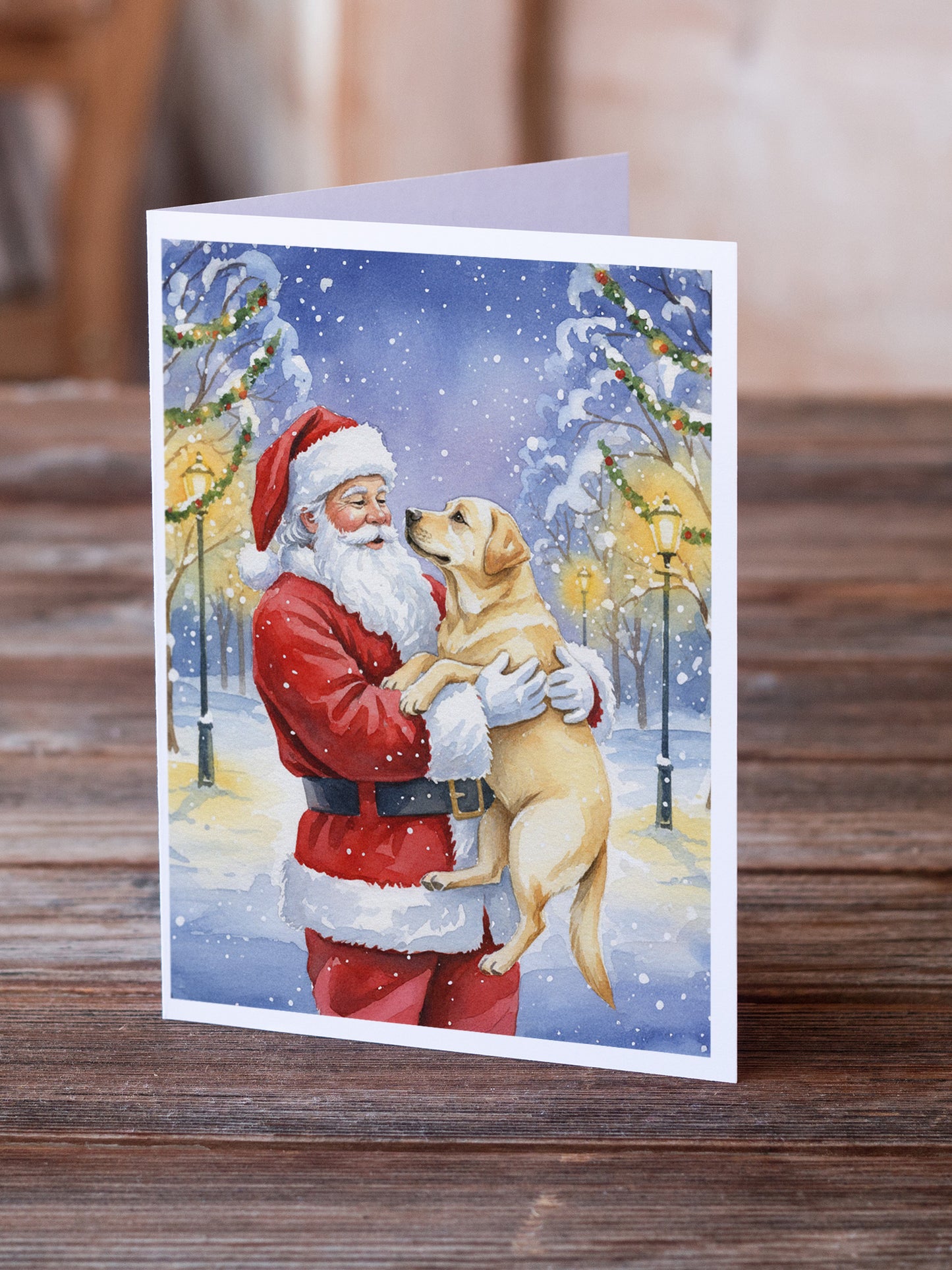 Yellow Labrador Retriever with Santa Claus Greeting Cards Pack of 8