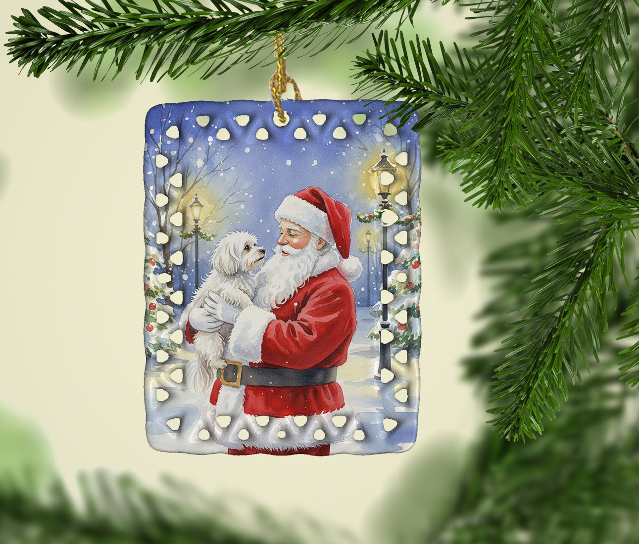 Maltese with Santa Claus Porcelain Ornament